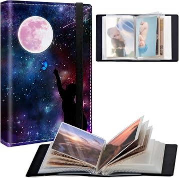 Small Photo Album 4x6 inch 120 Pockets Photos Pu Leather Cover Photo Albums With Elastic Band Design Cute Photo Album For Family Wedding Anniversary Travel - Cat and Butterflies under the Moon