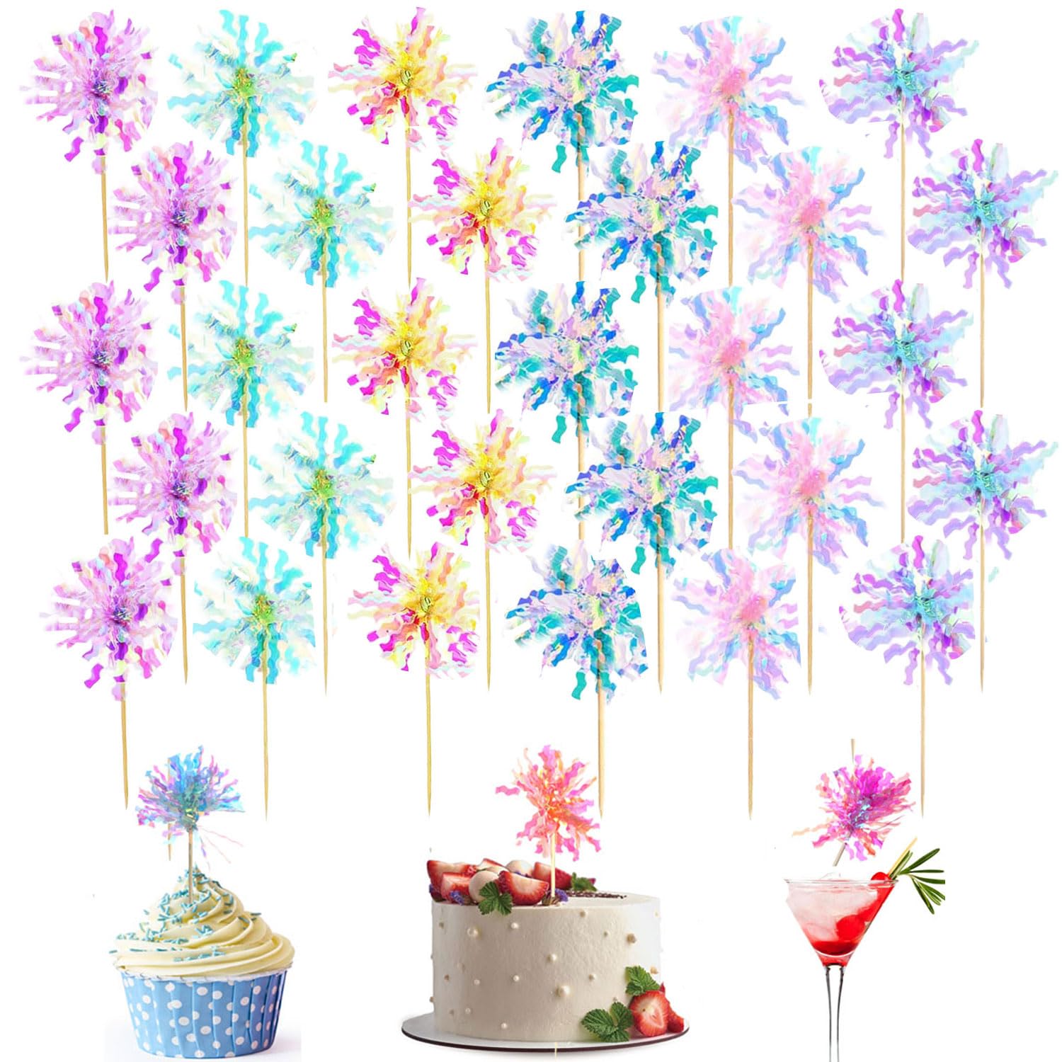 30Pcs Cupcake Toppers, Cake Decorating Kits, Sparkle Tinsel Firework Cake Toppers, Toothpicks Toppers For Baby Shower Diy Birthday Party Wedding Valentine's Day (30pc)
