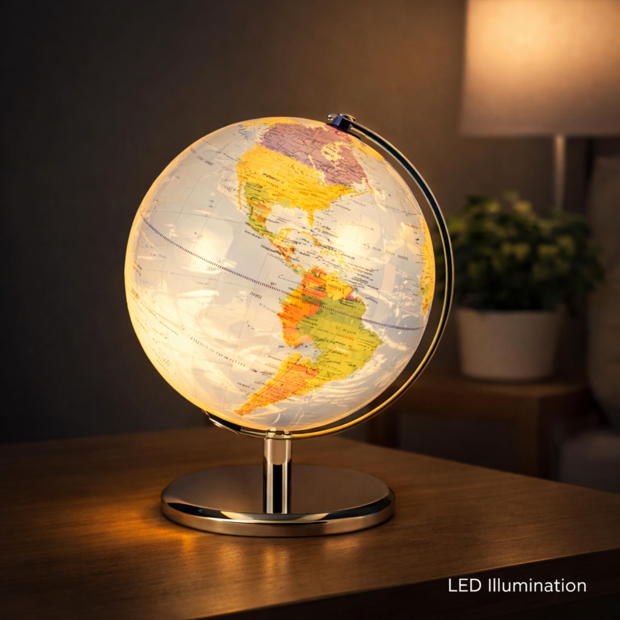 LED Illuminated World Globe with Chrome Rotating Stand – Desk