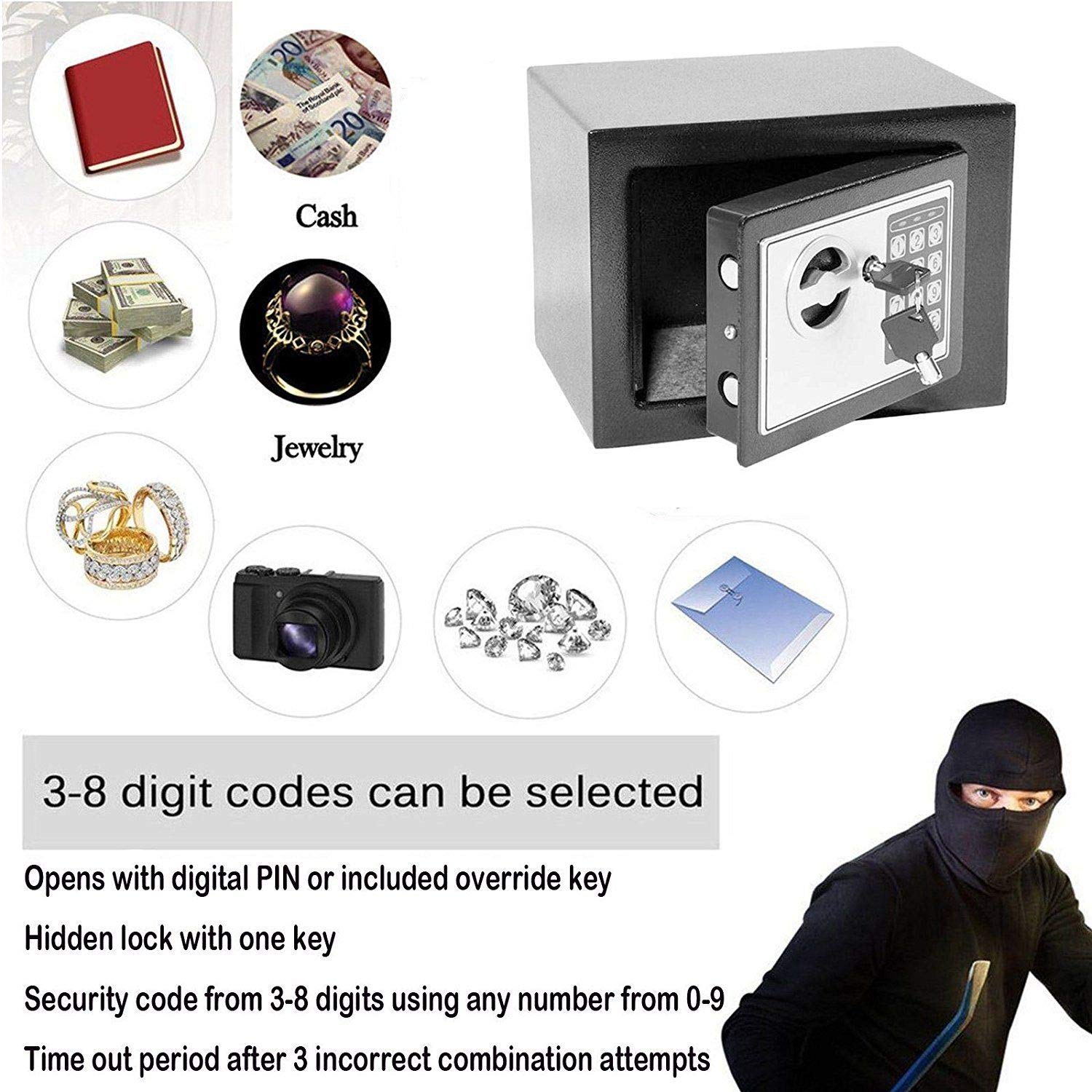 Cassaforte digitale da 4,6 l, in acciaio massiccio, per gioielli, pistole, contanti, oggetti di valore, macchina fotografica, documenti, con tastiera elettronica a 2 tasti, grande, 4,5 l, grigio