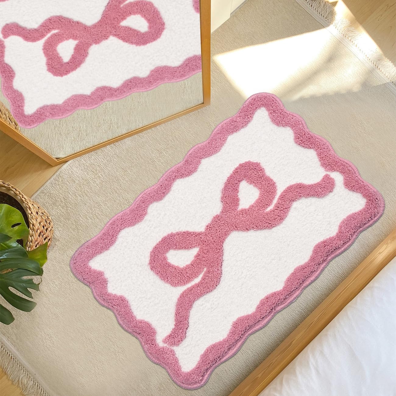 Alfombra de baño festoneada con lazo rosa, extra suave, bonita decoración estética, absorbente de agua, de secado rápido, antideslizante, para baño, bañera, fregadero, ducha, alfombra de suelo