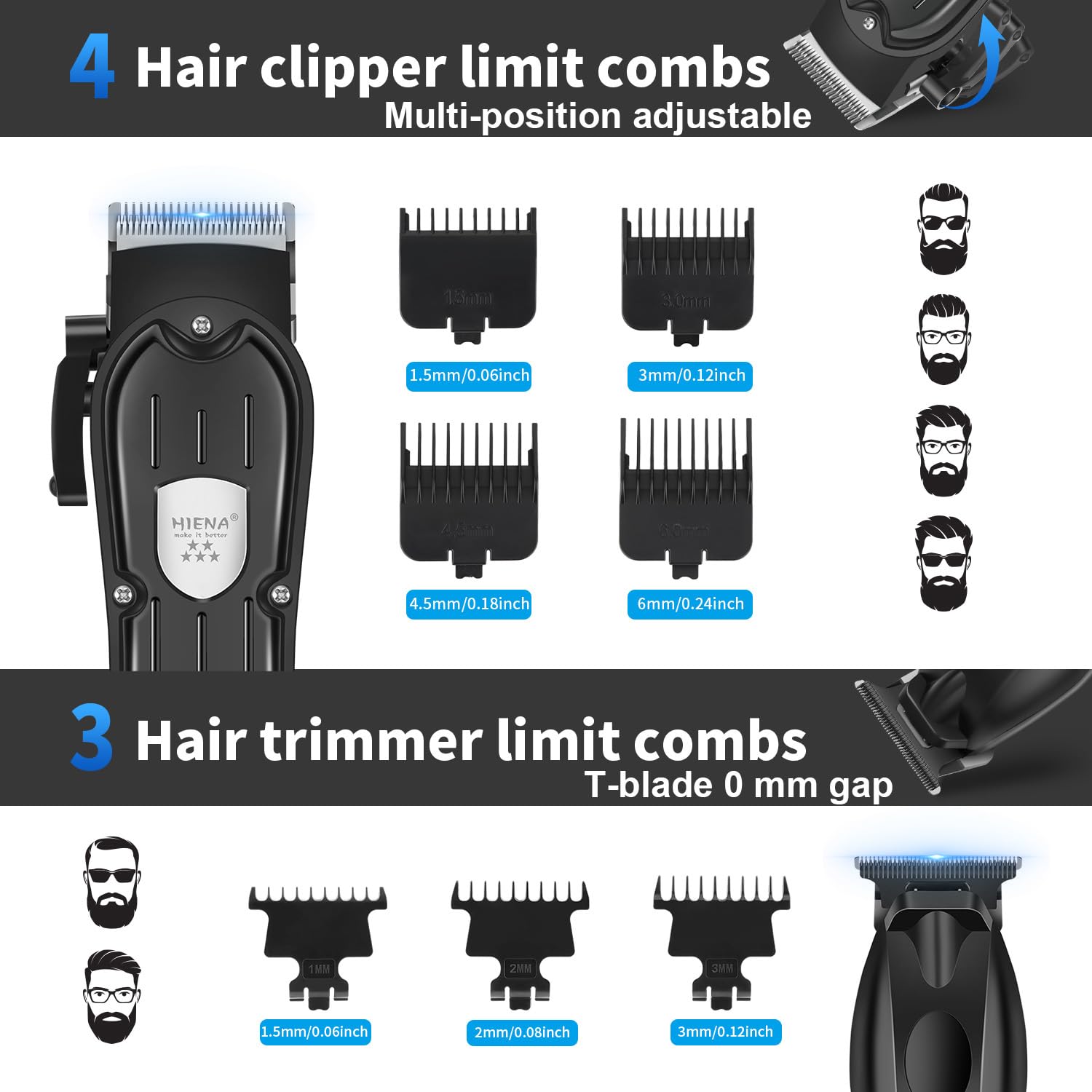 HIENA PRO Tagliacapelli professionale da uomo, tagliacapelli senza fili, rasaerba per film, rasaerba nasale, kit completo con 7 pettini di guida (249 pezzi)