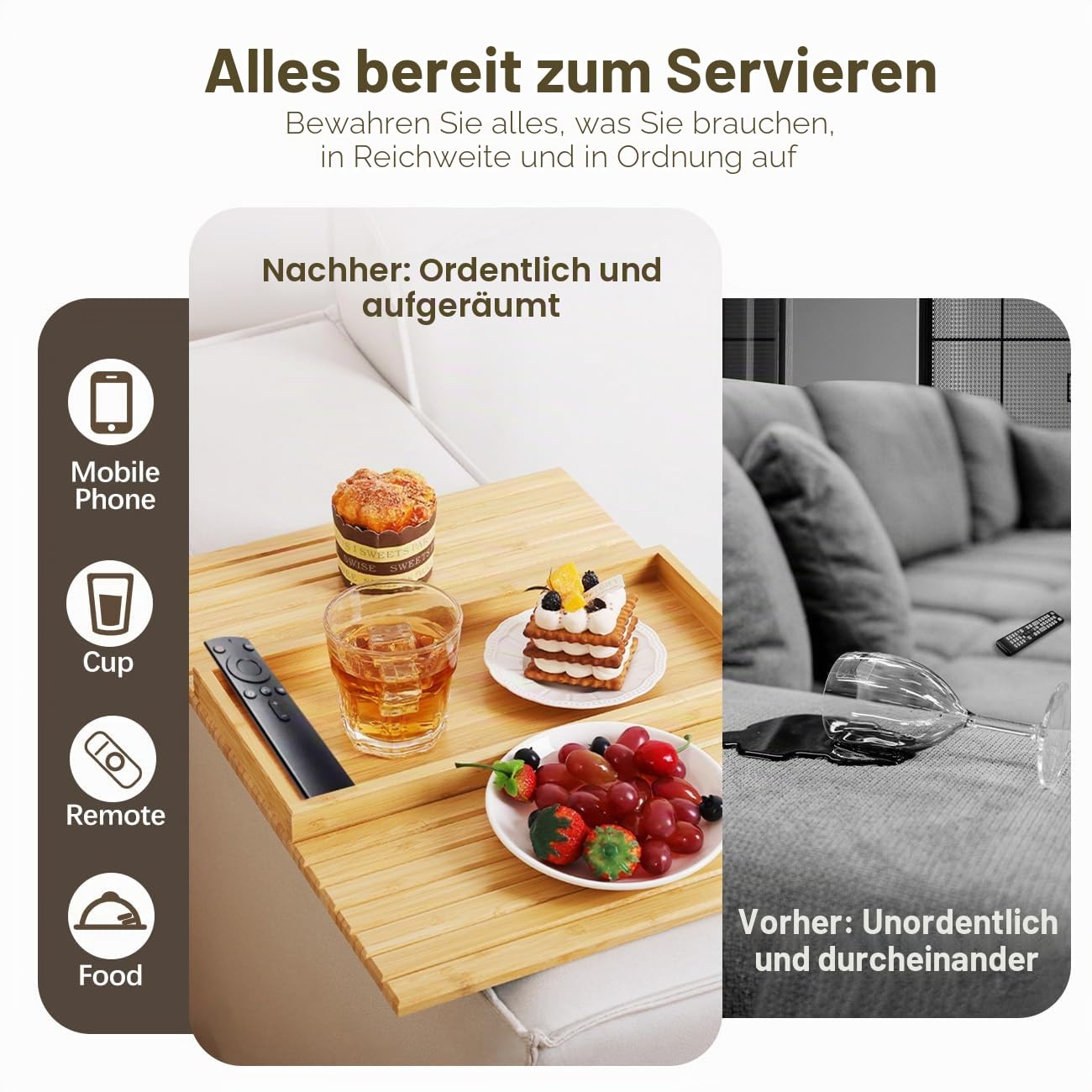Sofatablett Armlehne, Bambus Sofa Tablett Sofa Ablage, Faltbares Couch Tablett Armlehne, Rutschfestes Sofa Armlehnentablett Sofatablett mit Getränkehalter für Snacks/Handy/Control/Tassen | Sofa Armlehne Tablett Tisch