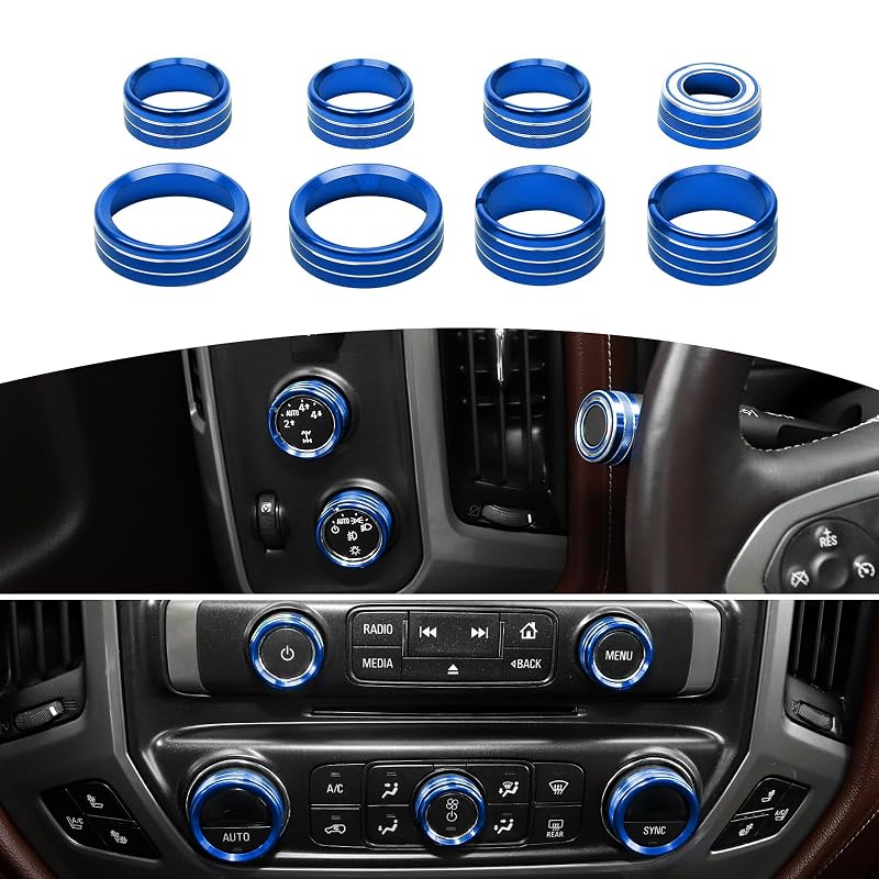 Kit de anéis de acabamento para botões do rádio e ar-condicionado RT-TCZ azul compatível com Chevy Silverado, Suburban e GMC Sierra 2014 a 2018, 8 peças