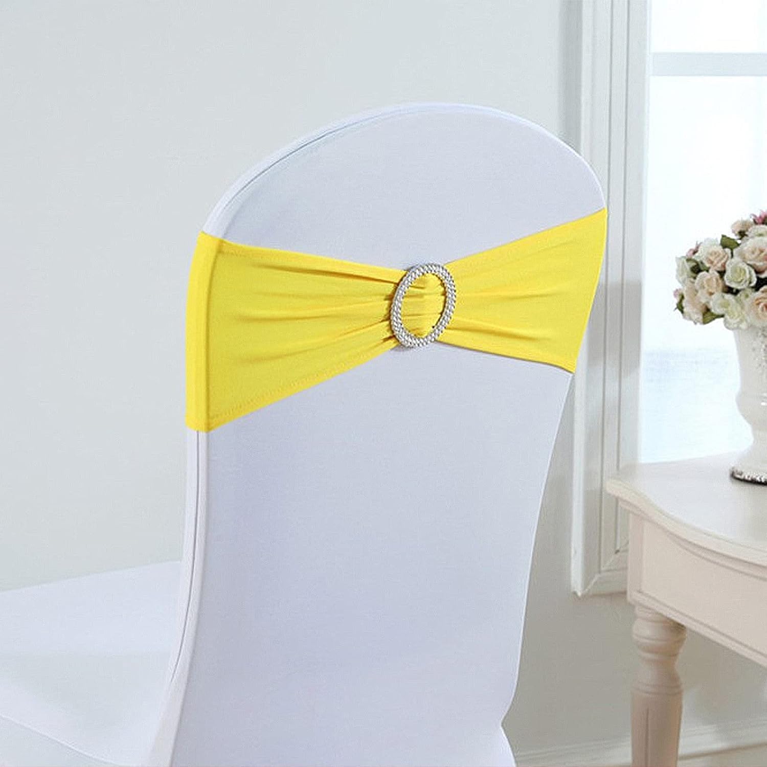 25 PCS Stretch Chair Sashes Bows Chair Bands with Buckle for Wedding Reception Hotel Banquet Birthday Party Decorations (Yellow)