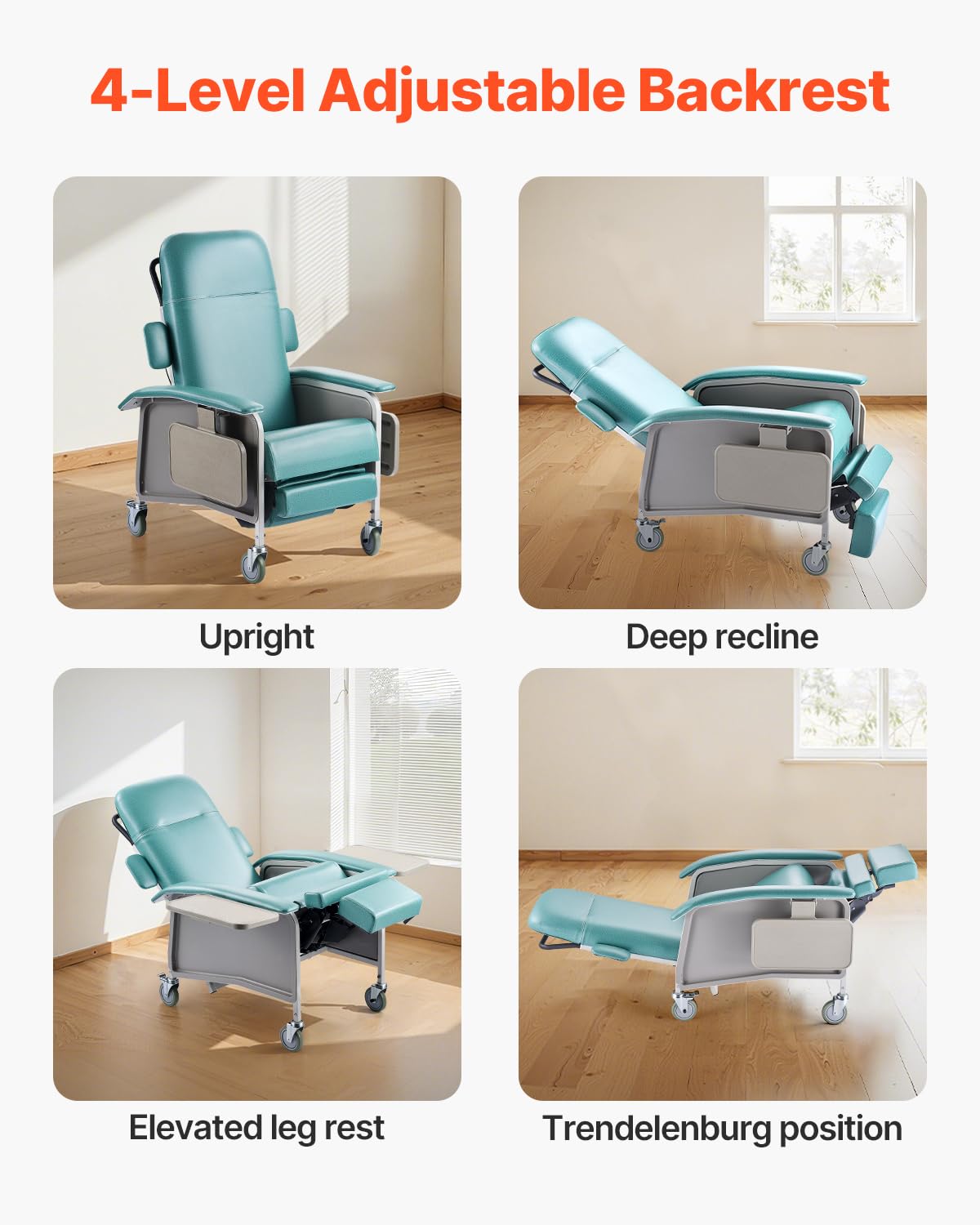 VEVOR Fauteuil Inclinable Gériatrique 4 Positions, Fauteuil Inclinable Médical Trendelenburg avec 4 Roues, Siège Rembourré, 2 Plateaux, pour Hôpitaux, Maisons de Retraite, Soins Gériatriques Domicile