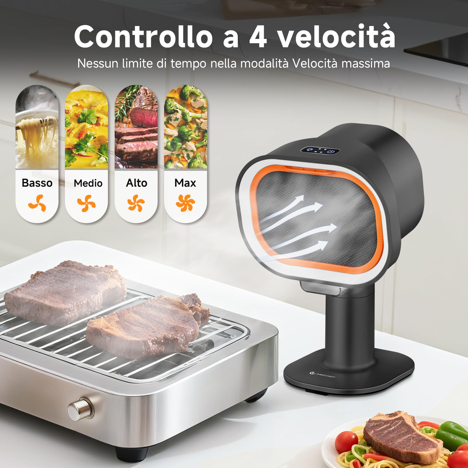 AMZCHEF Cappa aspirante portatile con altezza telescopica e inclinazione di 40°, 4 modalità di funzionamento, silenziosa, filtro in alluminio di grande calibro per appartamenti/BBQ/RV, Nero
