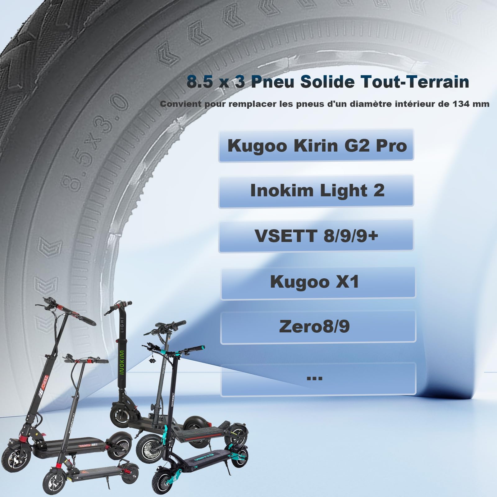 8,5 x 3 Pneu Plein pour KUKIRIN G2 Pro/Zero 9/Vsett 8/9/9+/Inokim Light 2/KUKIRIN X1, 8 1/2 x 3 Pneu Solide pour Trottinette électrique, Roues de Rechange en Caoutchouc Anti-Crevaison