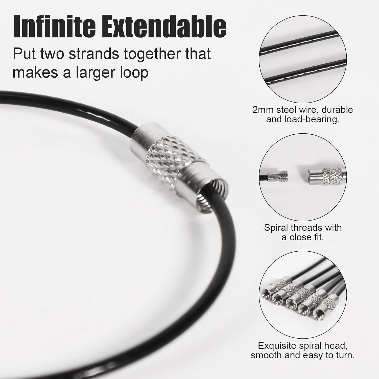 20pcs Stainless Steel Wire Keychains Aircraft Cable Cable Key Ring for Hanging ID Tags or Luggage Tags,6.3 inch 2mm Black image 5