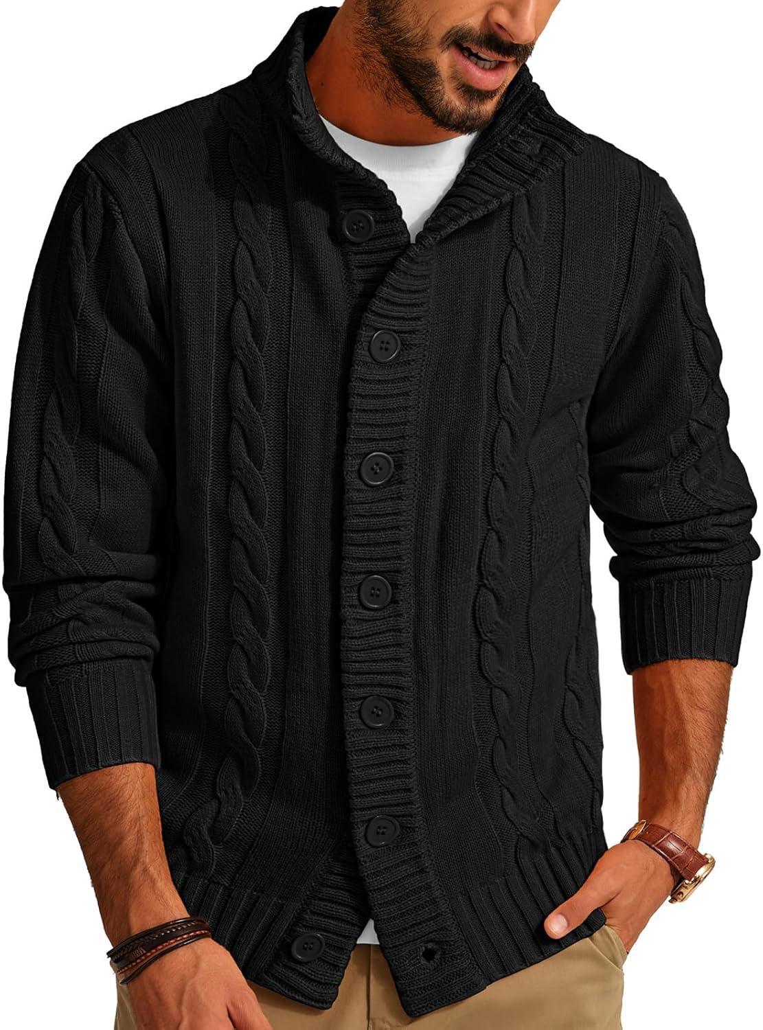 PJ PAUL JONES Men's Cardigan Sweaters Stand Collar Long Sleeve Cable Knit Button Down Sweater