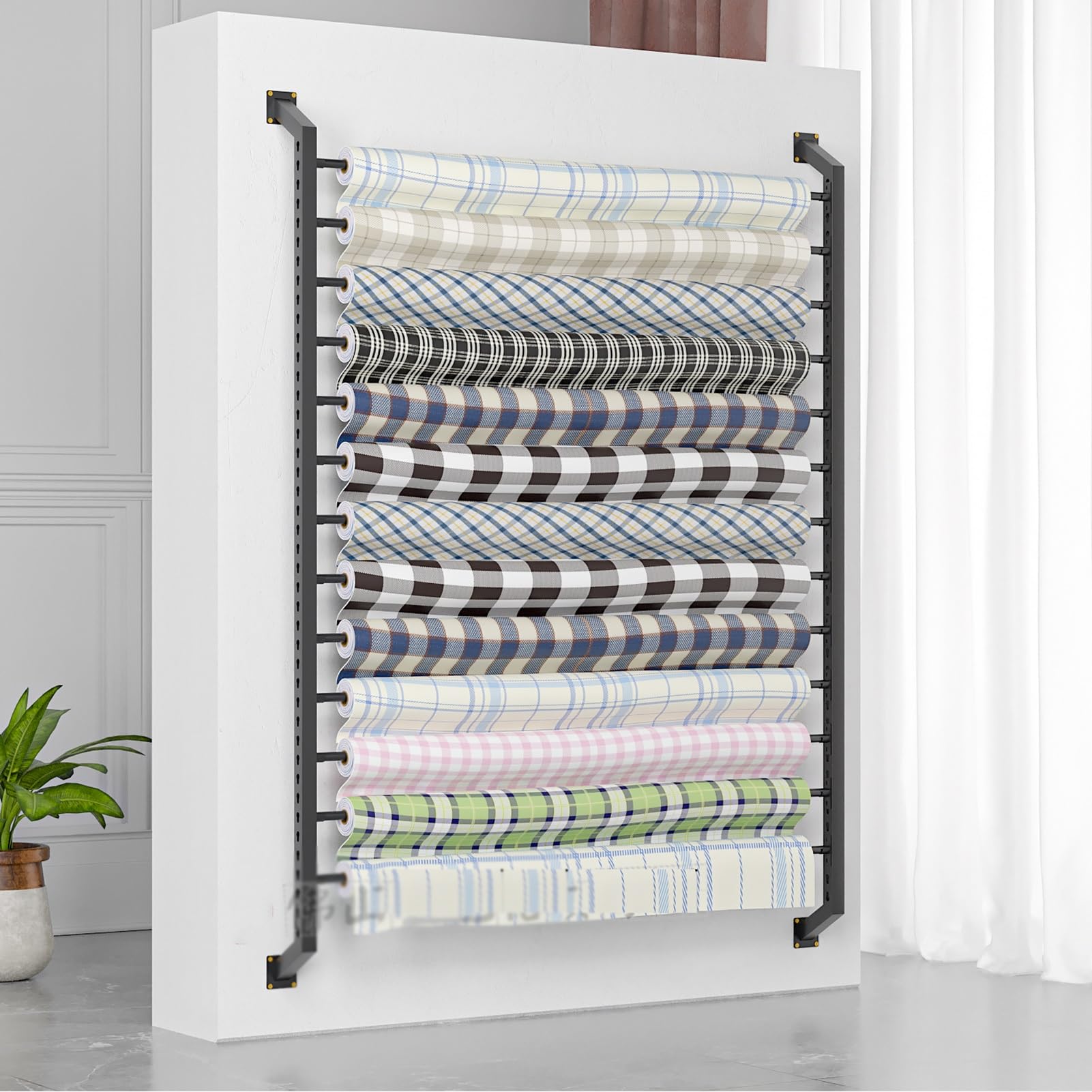 Stojak do przechowywania rolek winylowych, wytrzymały stojak do przechowywania rolek materiałowych – regulowany metalowy organizer na winyle, skórę, folię okienną i tapetę – mieści do 10 rolek