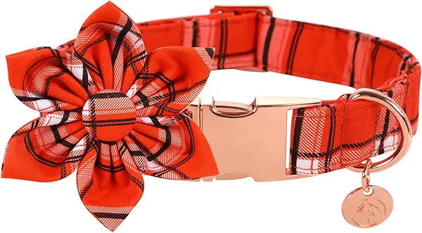 DOGWONG Dog Collar with Flower, Fall Orange Plaid Dog Collar Cute Pet Collar Adjustable Dog Collars for Small Medium Large Dogs