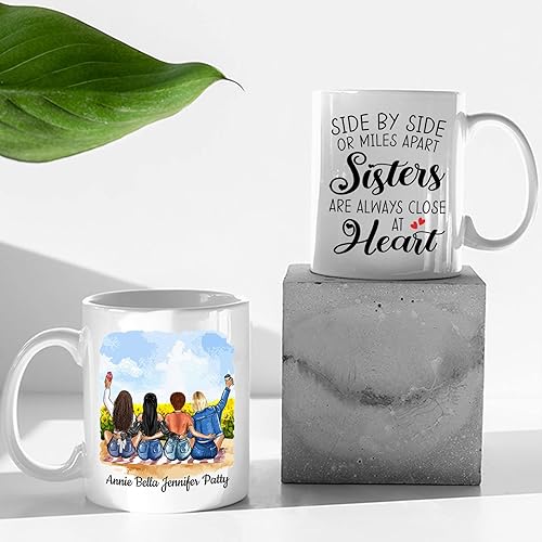 Miniatura 4 de Tazas de café personalizadas para mujer, taza personalizada de 4 hermanas lado a lado o millas de distancia, taza de café con nombre personalizado,