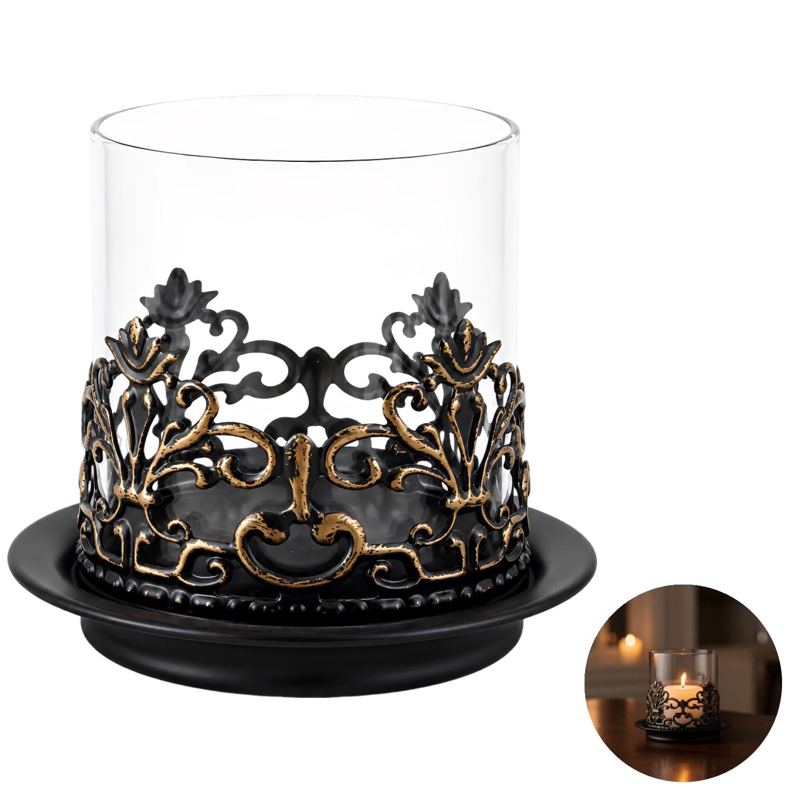 2 STK. Hurricane Kerzenhalter mit Vintage Style und Gothic Design, schwarzer Metallbasis-Säulenhalter für Tischkerzen, Elegante Tischdeko für Wohnraum und Hochzeitsfeiern, Tischarrangements