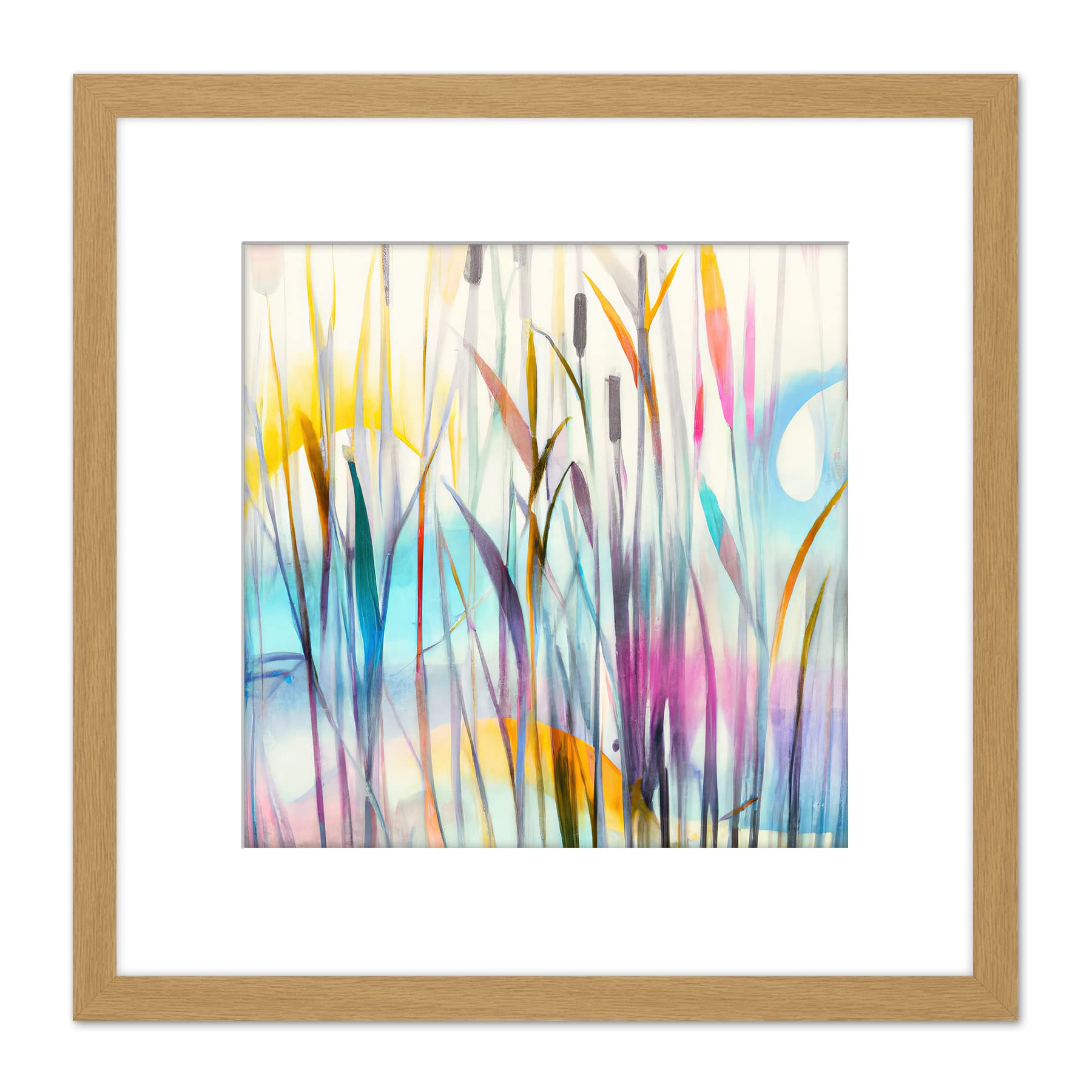 Wee Blue Coo Water Reed Plant Swamp Canes Dreamy Colourful Modern Watercolour Illustration Square Wooden Framed Wall Art Print Picture 9X9 Inch
