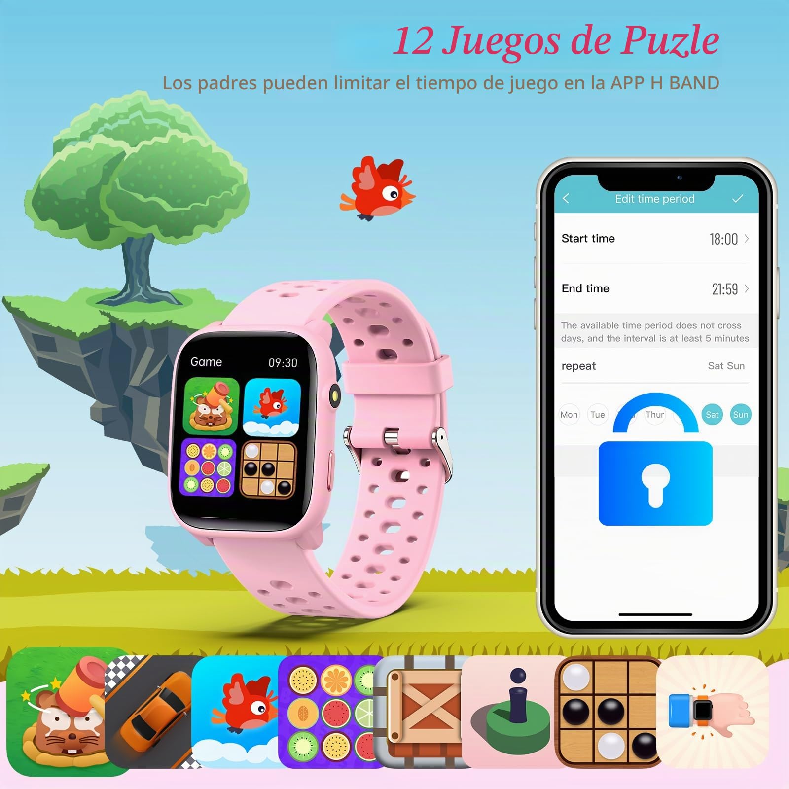 Reloj Inteligente Niños Niñas Sin App Necesaria, 1,83" Smartwatch Niños con Podómetro, Resistente al Agua IP68, Reloj Monitor Cardiaco y Sueño, Despertador, Juegos de Rompecabezas (Rosa)