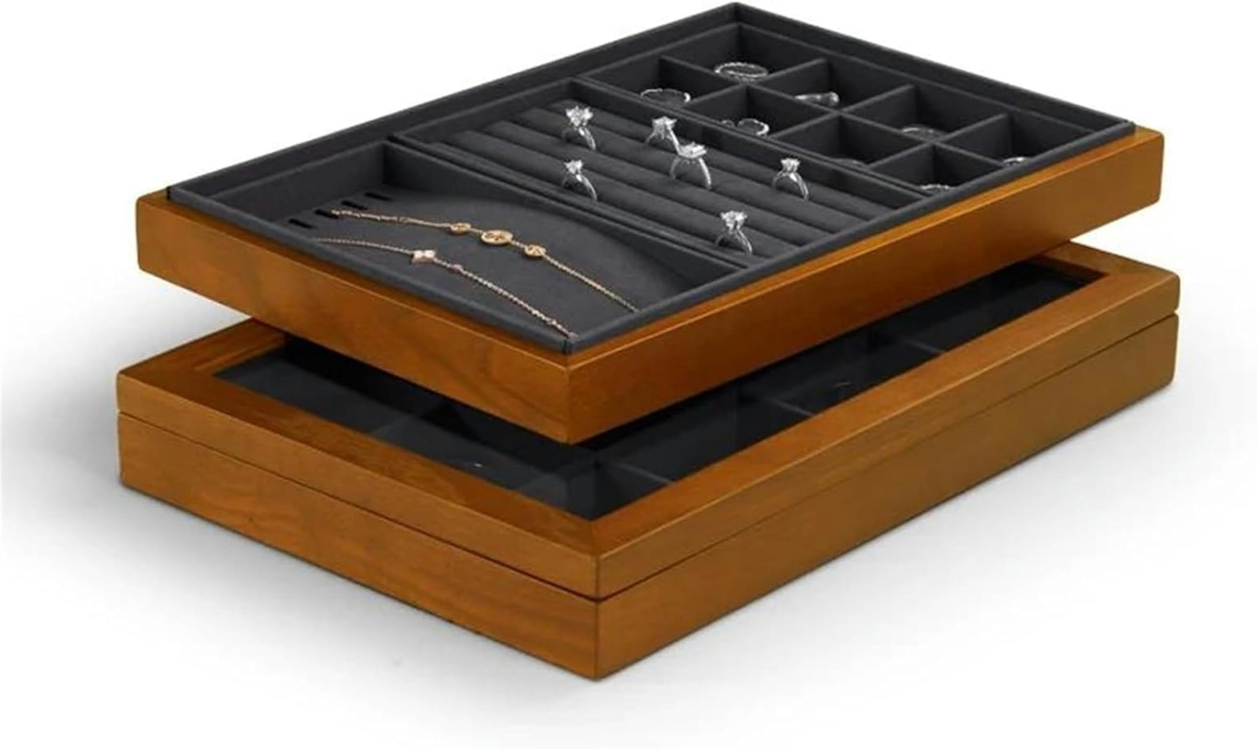 Caja organizadora de Joyas de Madera para Anillos, Cajas Grandes con Tapa Transparente, Almacenamiento apilable de Madera Maciza para Joyas~/ (Gris Oscuro BA)