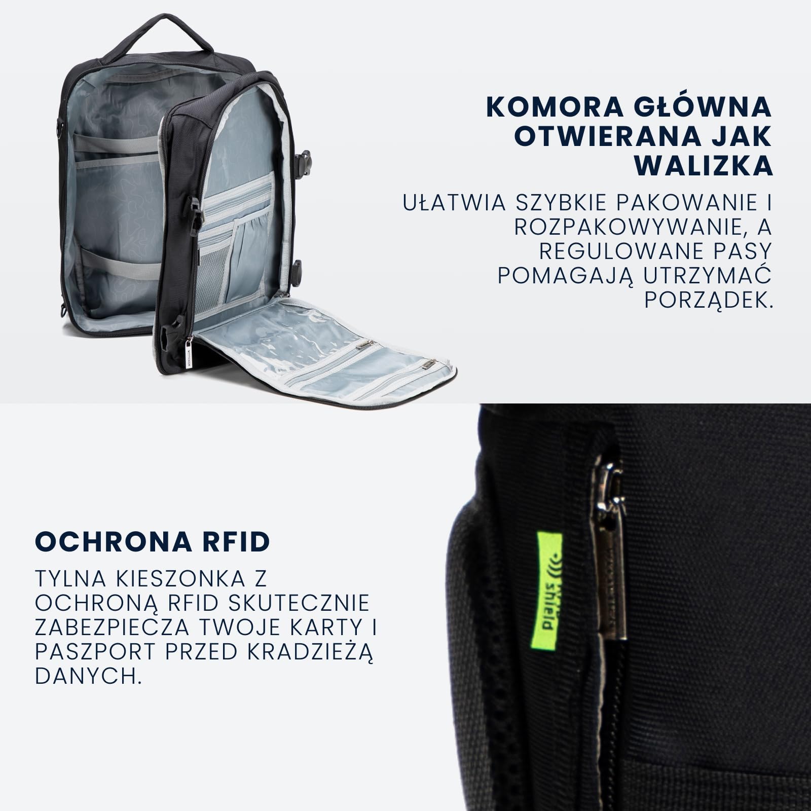 WITTCHEN Wielofunkcyjny Plecak Torba Podróżna 2w1 Czarny, Bagaż Podręczny 40x30x20 cm, Plecak do Samolotu z Kieszenią RFID i Przegrodą na Laptopa 14,5”, Poliester
