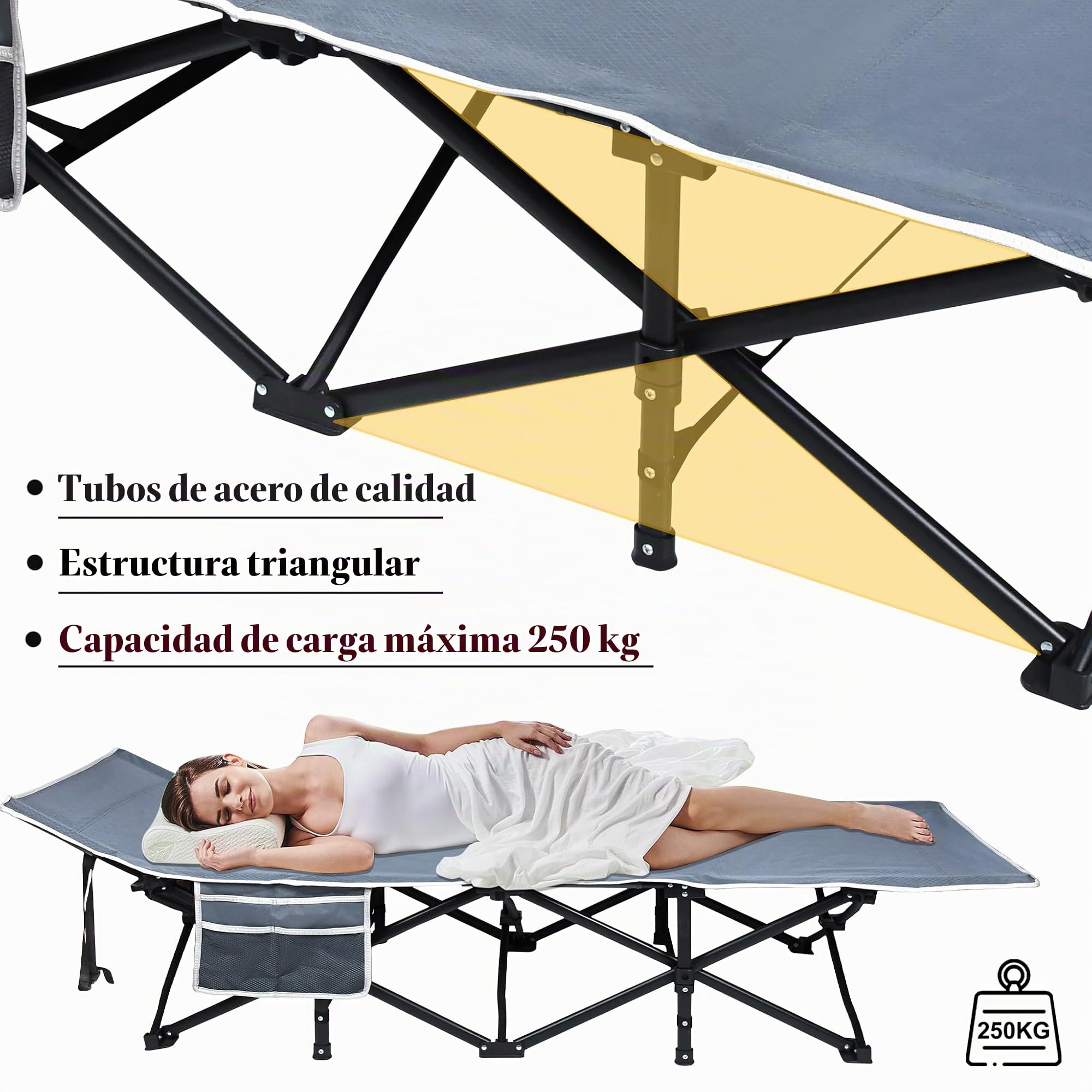 UISEBRT Cama de camping plegable portátil con bolsa de transporte y bolsillo lateral, estable de tejido Oxford, soporta hasta 250 kg, ideal para interiores y exteriores