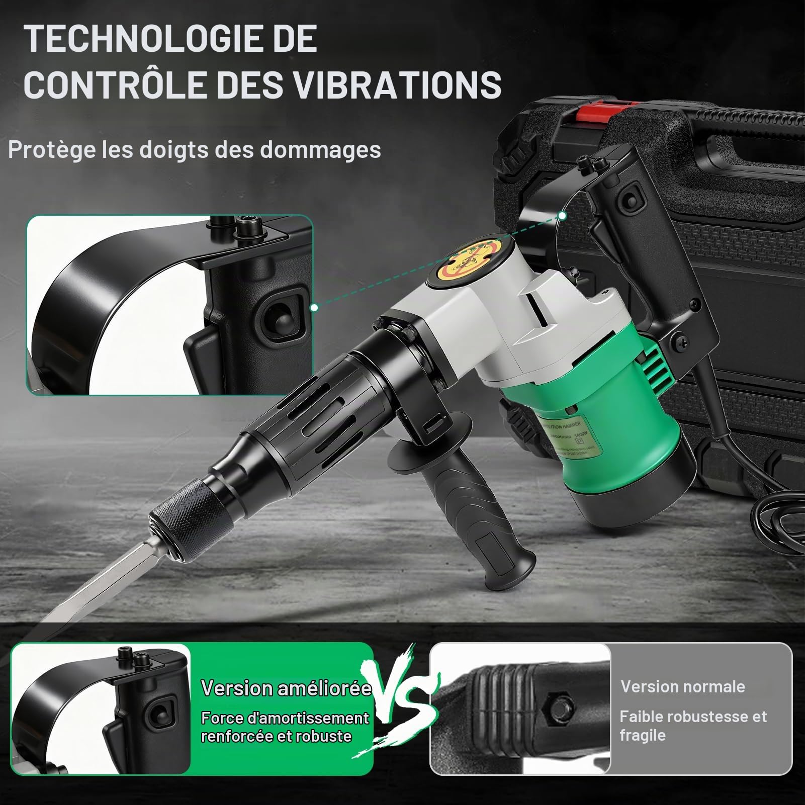 Marteau de démolition 1400 W, Marteau Piqueur, Marteau perforateur, SDS-Plus | Force d'impact 30 J | 3600 BPM | Poignée Anti-vibration, Burin Pointu, Plat Coffret Inclus pour Buriner Béton, L'ardoise