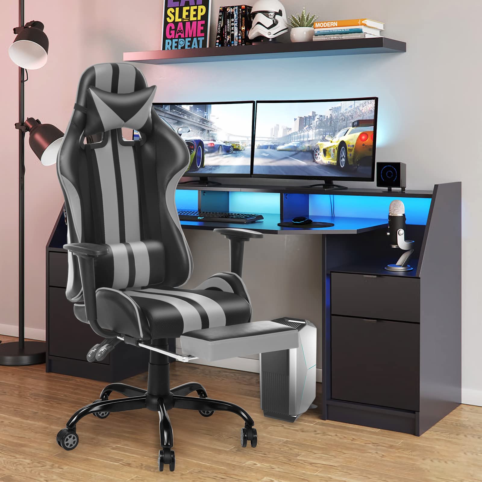 Ferghana Gaming Chairs Grey with Footrest,PC Gaming