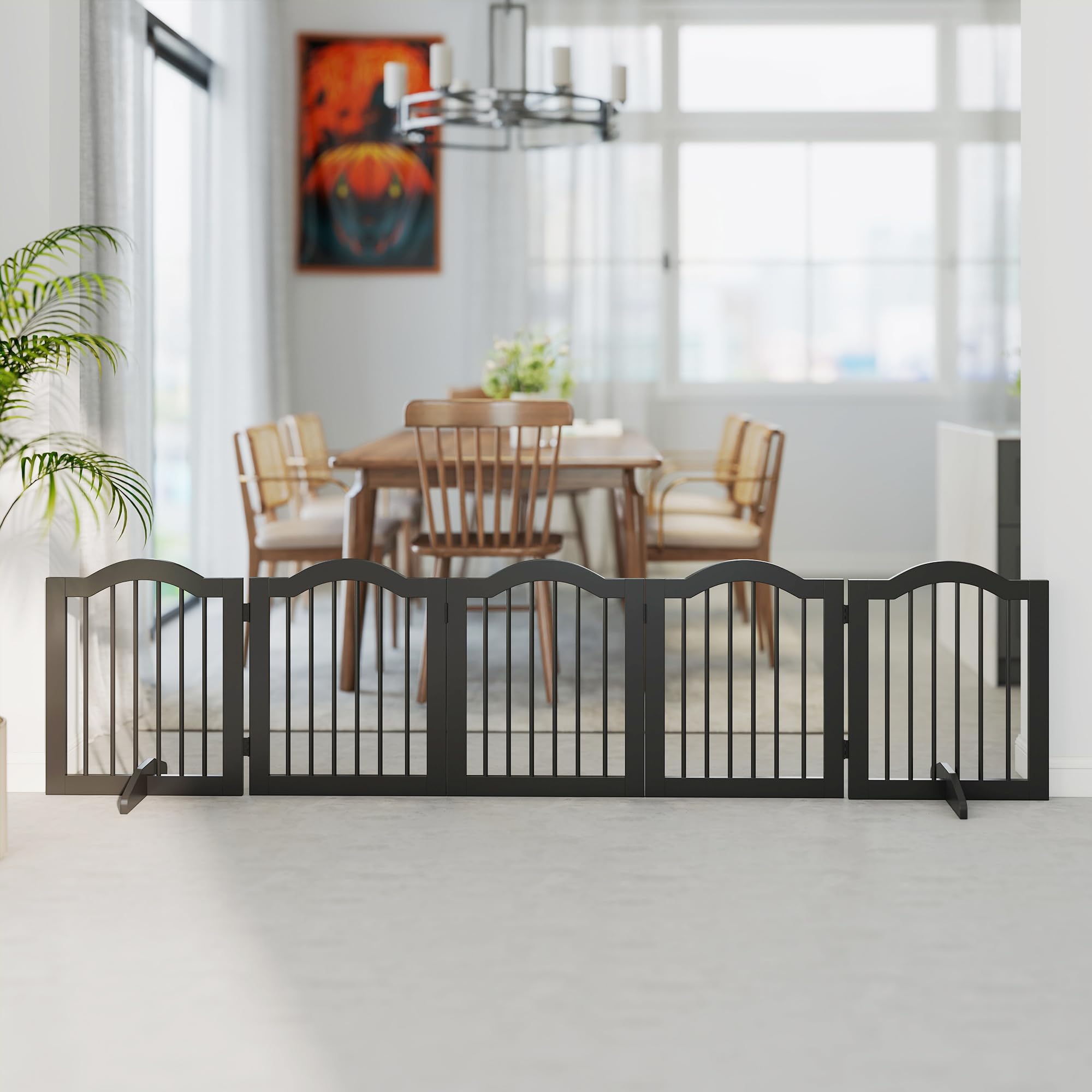 PawHut Barrera plegable para perro, 261,5 x 61 cm, color negro | Rejilla para perros de 5 piezas con puerta, con 2 patas de apoyo, rejilla para escaleras para cocina, pasillo