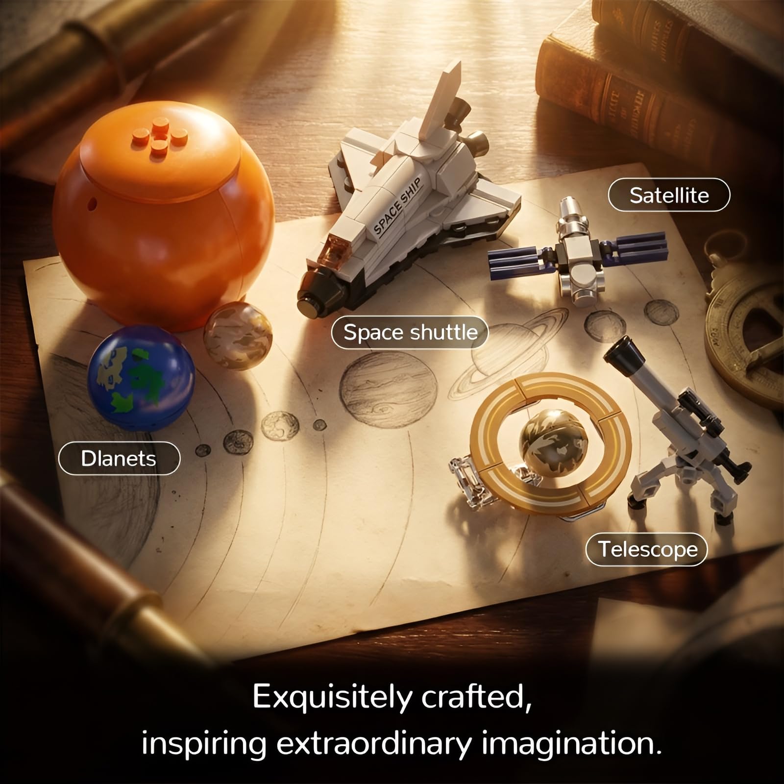 Retro Solar System Orrery Bausatz mit Rotierenden Planeten, 672Stk Space Shuttle Teleskop, Astronomisches Spielzeug zum Zusammenbauen mit Zauberstift für Jugendliche Erwachsene, Vintage Deko Geschenk
