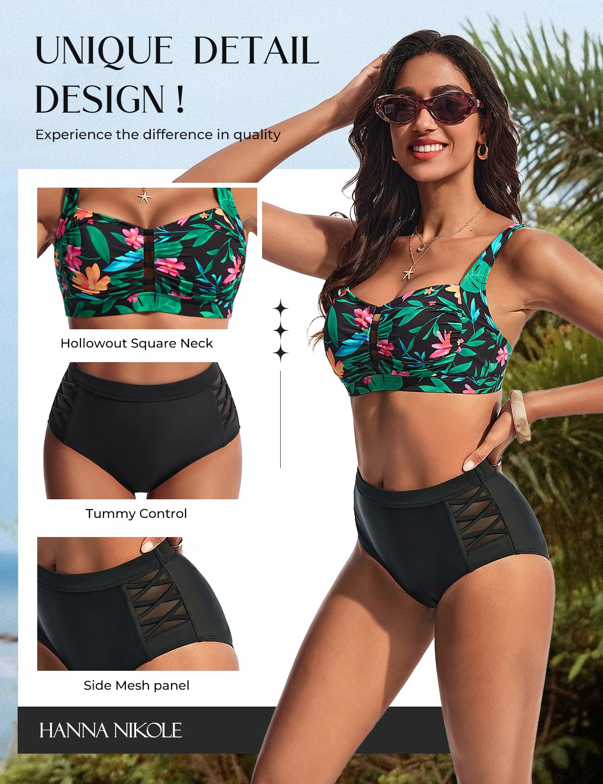Ensemble bikini pour femme, taille haute, effet gainant, maillot de bain deux pièces, bikini sexy à découpe au niveau de la poitrine, maillot de bain élégant plissé, maillot de bain avec bretelles
