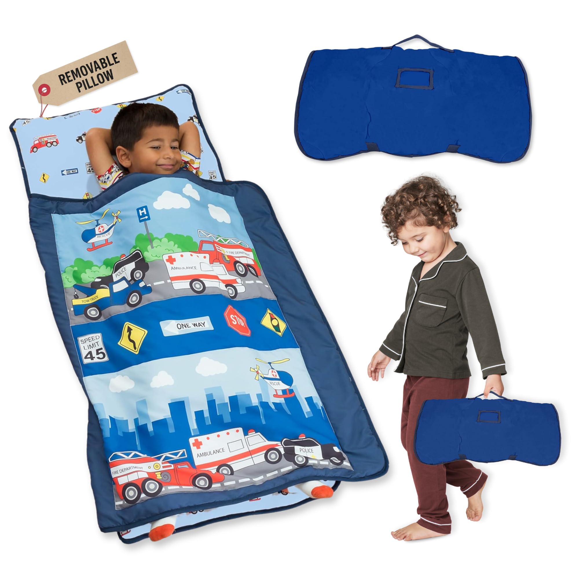 EVERYDAY KIDS Toddler Nap Mat with Removable Pillow -Fire Police Rescue- Carry Handle Fastening Straps Closure, Rollup Design, Soft Microfiber for Preschool, Daycare, Sleeping Bag -Ages 2-6 years