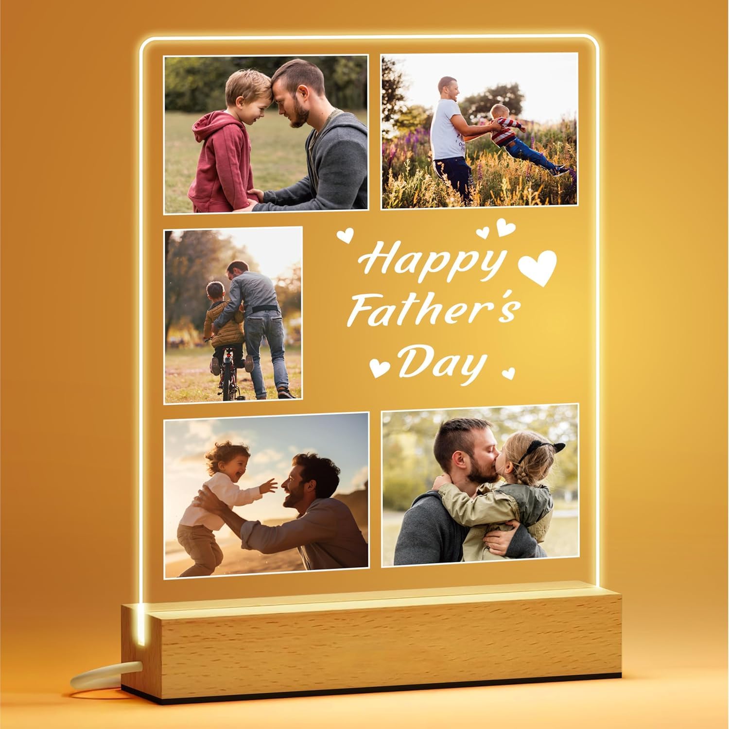 PB TECH Personalised LED Acrylic Photo Plaque for Dad β Custom Fatherβs Day Night Light Gift with Photos & Text β Wooden Base Plaque β Birthday Christmas Gift for Dad from Daughter Son (Design 4)
