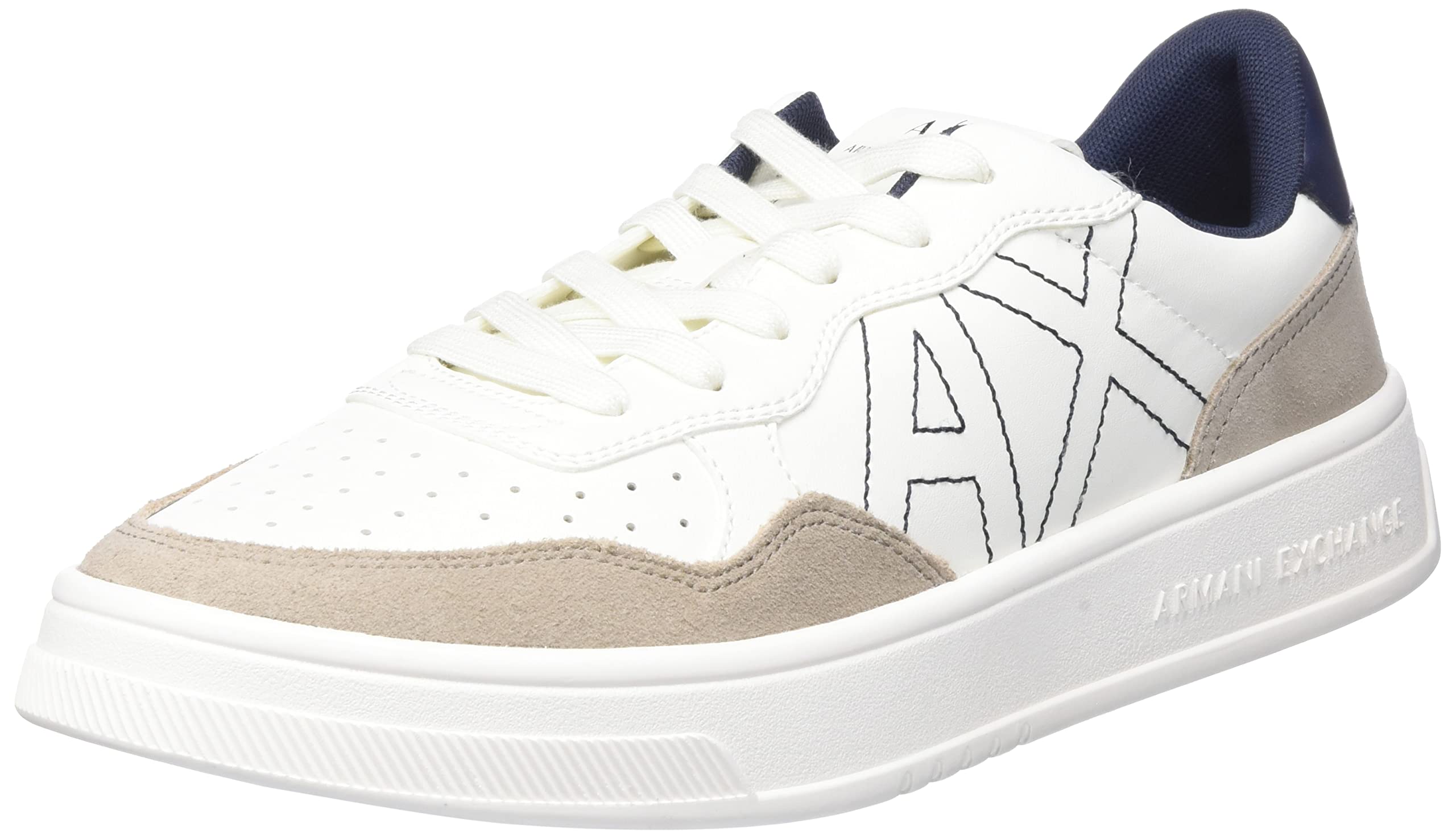 Armani Exchange Hombre Blanco Y Beige Men's Suede Detail, Front Logo Patch, Off White + Beige Sneaker, 41 Eu