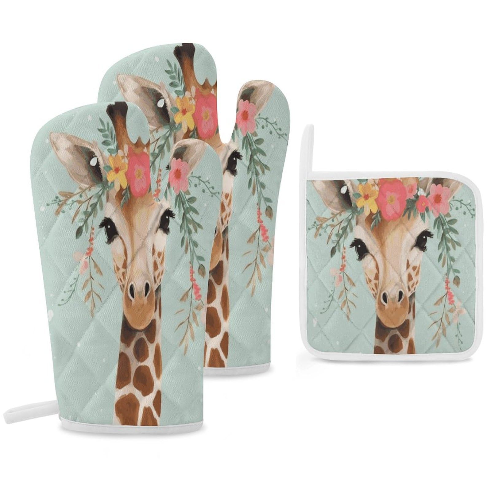 Fekiloot Style Giraffe With Floral Oven Mitts Funny Heat Resistant,Oven Glove With Hanging Loop,Resistant Hot Pads For Kitchen Baking Grilling Cooking