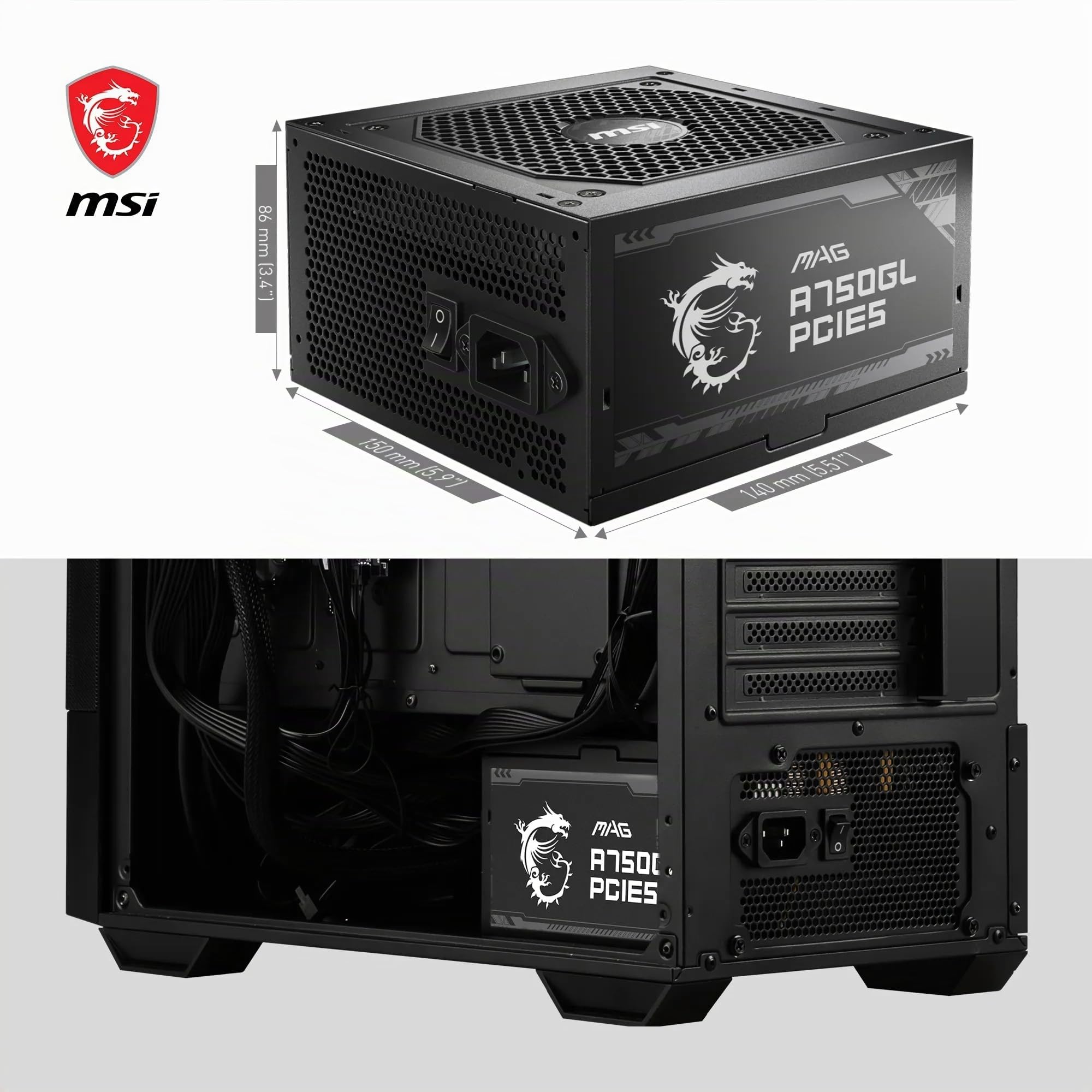 MSI MAG A750GL - Alimentatore PCIE5, 750 W, 80 Plus Gold, completamente modulare, ATX 3.0, supporto GPU PCIe 5.0, cavi piatti neri, garanzia 7 anni