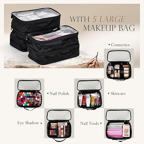 Miniatura 4 de Stagiant Estuche de tren de maquillaje rodante, estuche de maquillaje profesional, organizador de cosméticos de viaje, bolsa de peluquería para