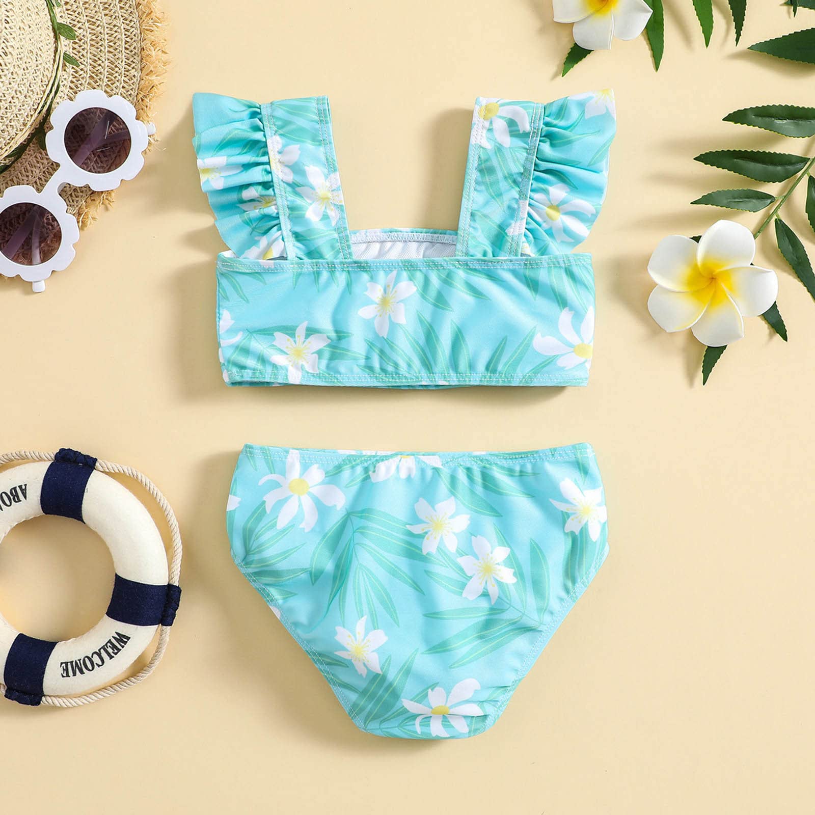 Bañador de triángulo para niña con falda de verano para niñas con estampado floral, volantes, traje de baño de dos piezas