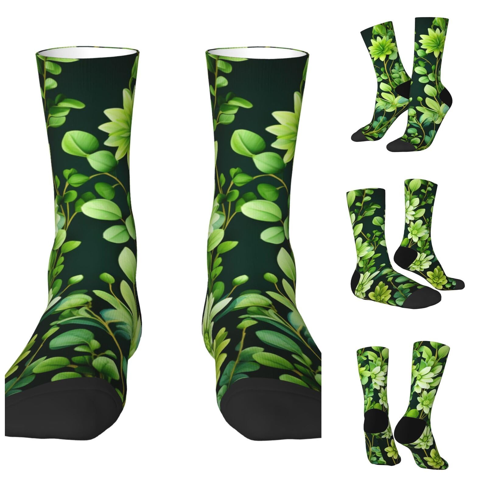 LZQPOEAS Green Floral Athletic Socks Unisex Cushioned Crew Socks Hiking Running Calf Sock Soft Above Ankle Sock