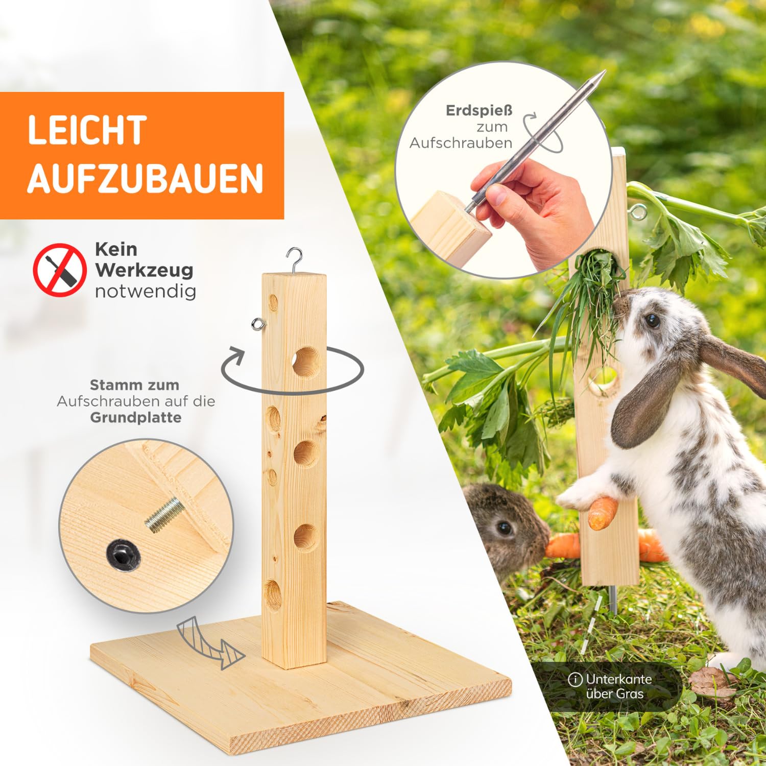 Futterbaum Kaninchen Meerschweinchen mit Bodenplatte aus Holz und Erdspieß fürs Freigehege Hasen | Heuraufe Kaninchen