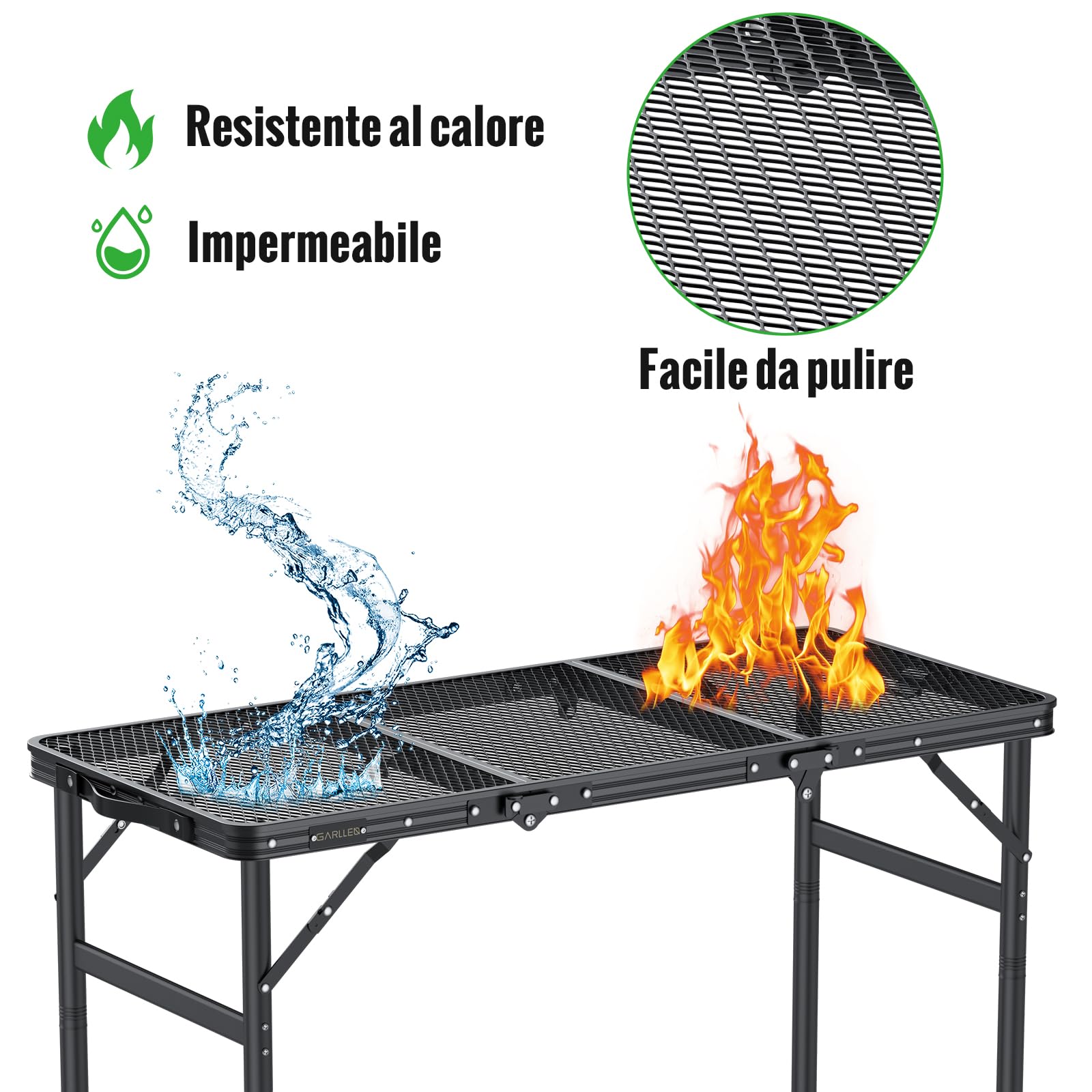 GARLLEN Tavolo Pieghevole per Barbecue,90x40 cm,3 Altezze Regolabili (27/51/74 cm),Tavolo da Giardino in Alluminio,Nero,per Campeeggio Picnic e Spiaggia