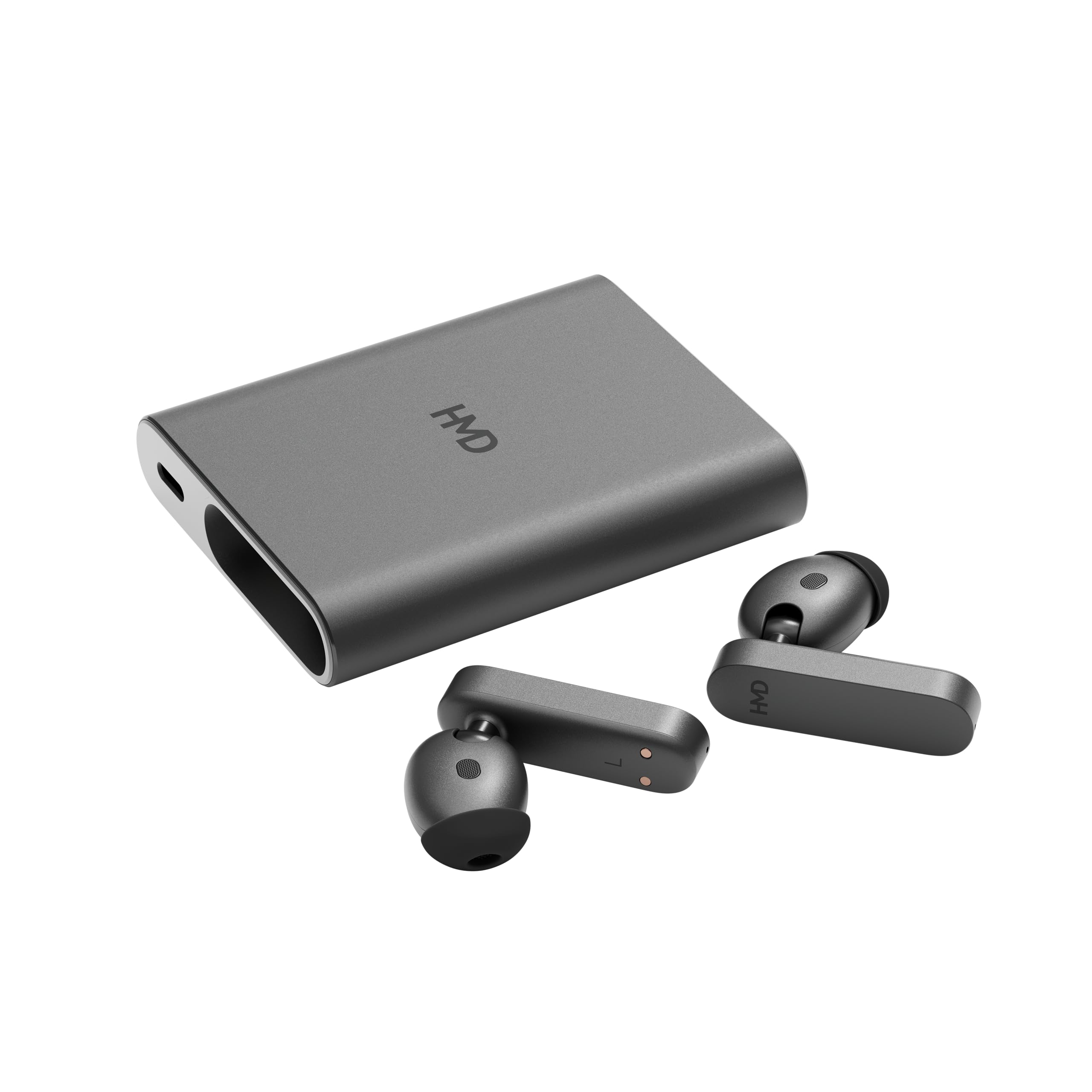 HMD Amped Buds - Auricolari wireless Bluetooth con power bank integrato (Hybrid ANC, ENC, fino a 95 ore di riproduzione, USB-C, IP54), colore: Nero