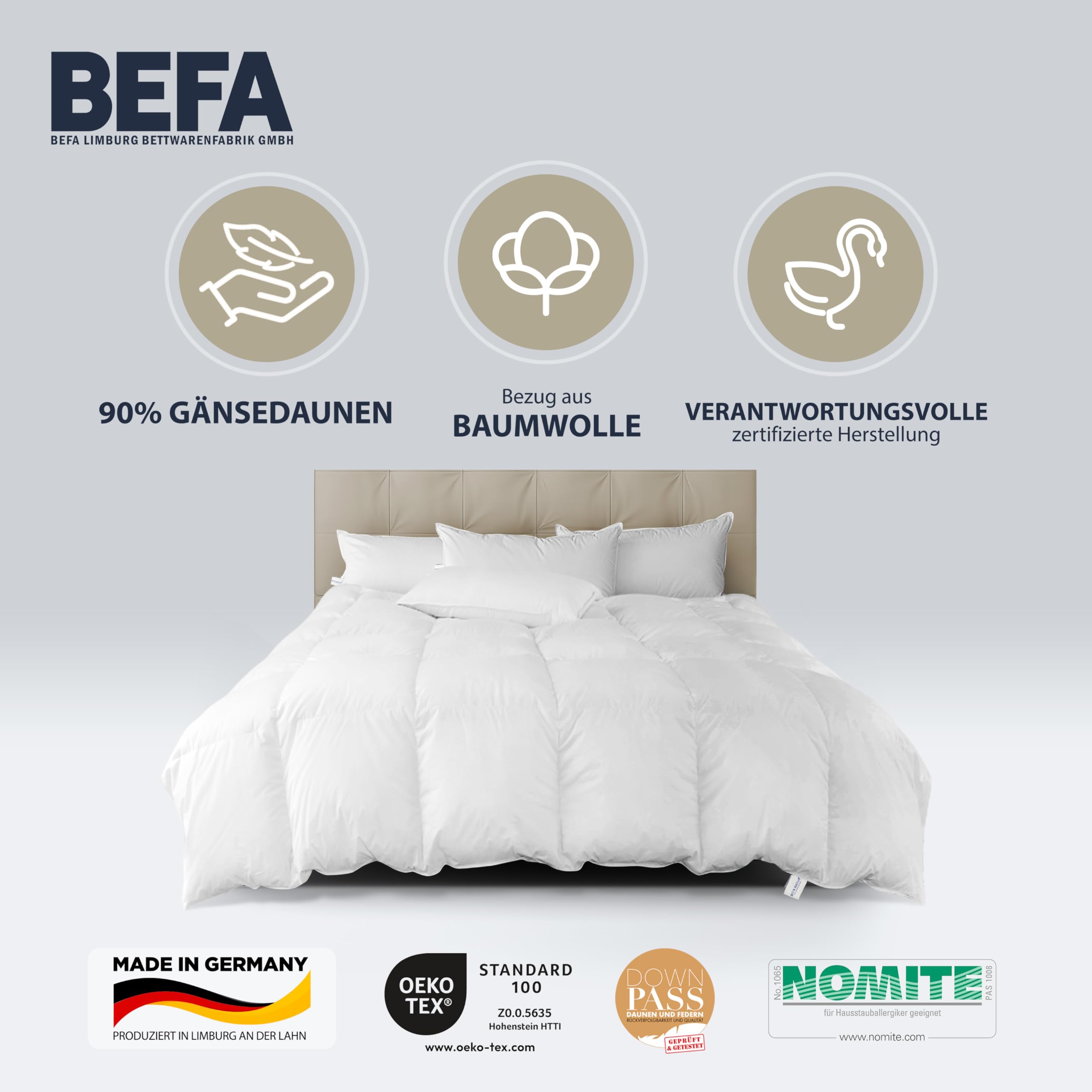 BEFA NATUR Daunendecke 135x200 cm Ganzjahr | 90% Gänsedaunen & 10% Federn | 560g Füllgewicht | Allergiker geeignet (NOMITE) | Tierwohl Zertifiziert (DOWNPASS) | Oeko-TEX Klasse 1 | Made in Germany