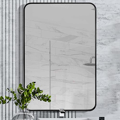 Aldado Black Bathroom Wall Mirror, 24x36 Inch Vanity Mirror, Brushed Matte Black Aluminum Alloy Metal Frame Rounded Corner Rectangular Mirror for Modern Farmhouse Home Decor