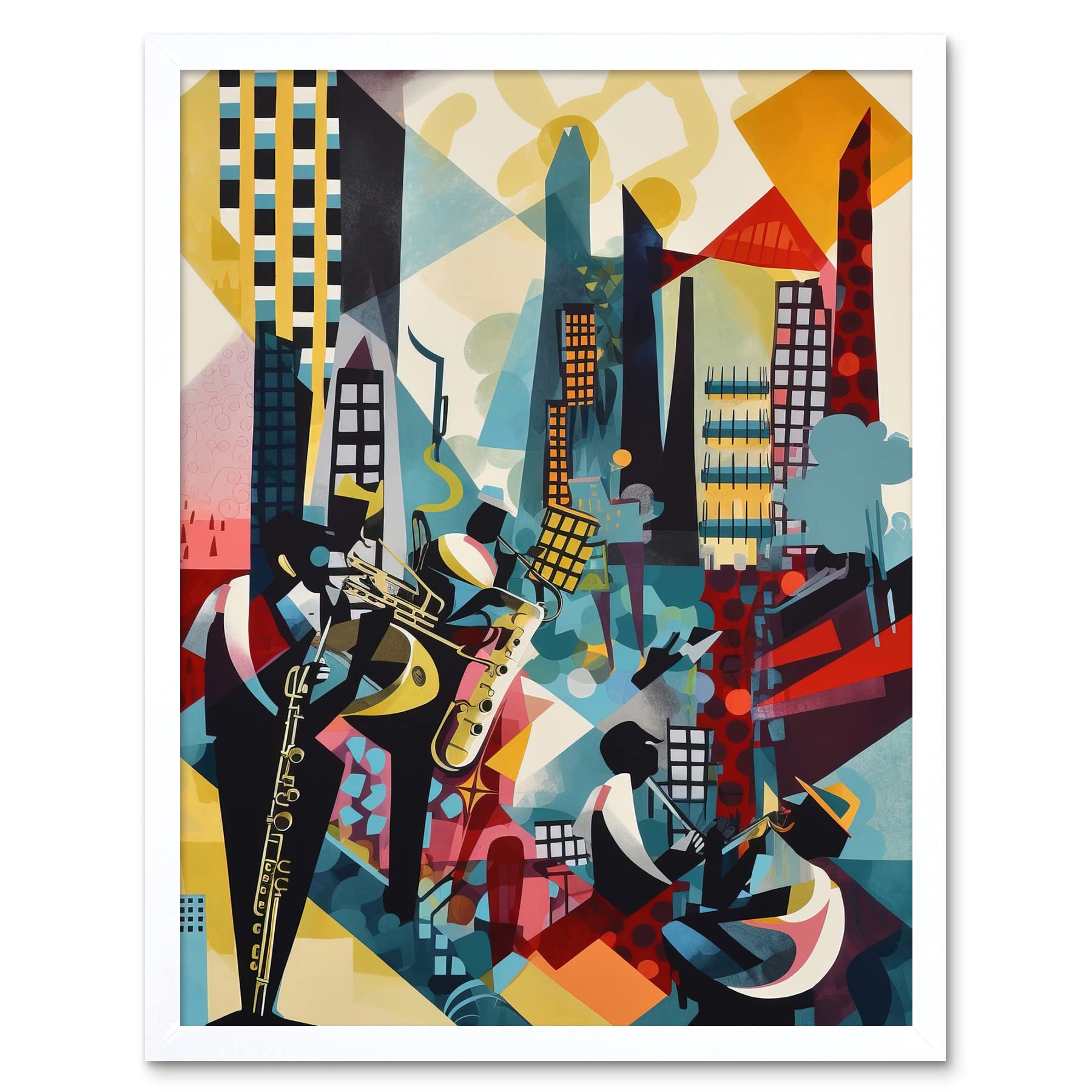 Artery8 Jazz Musicians Abstract Watercolour Art Print - Framed - W12 inch x H16 inch