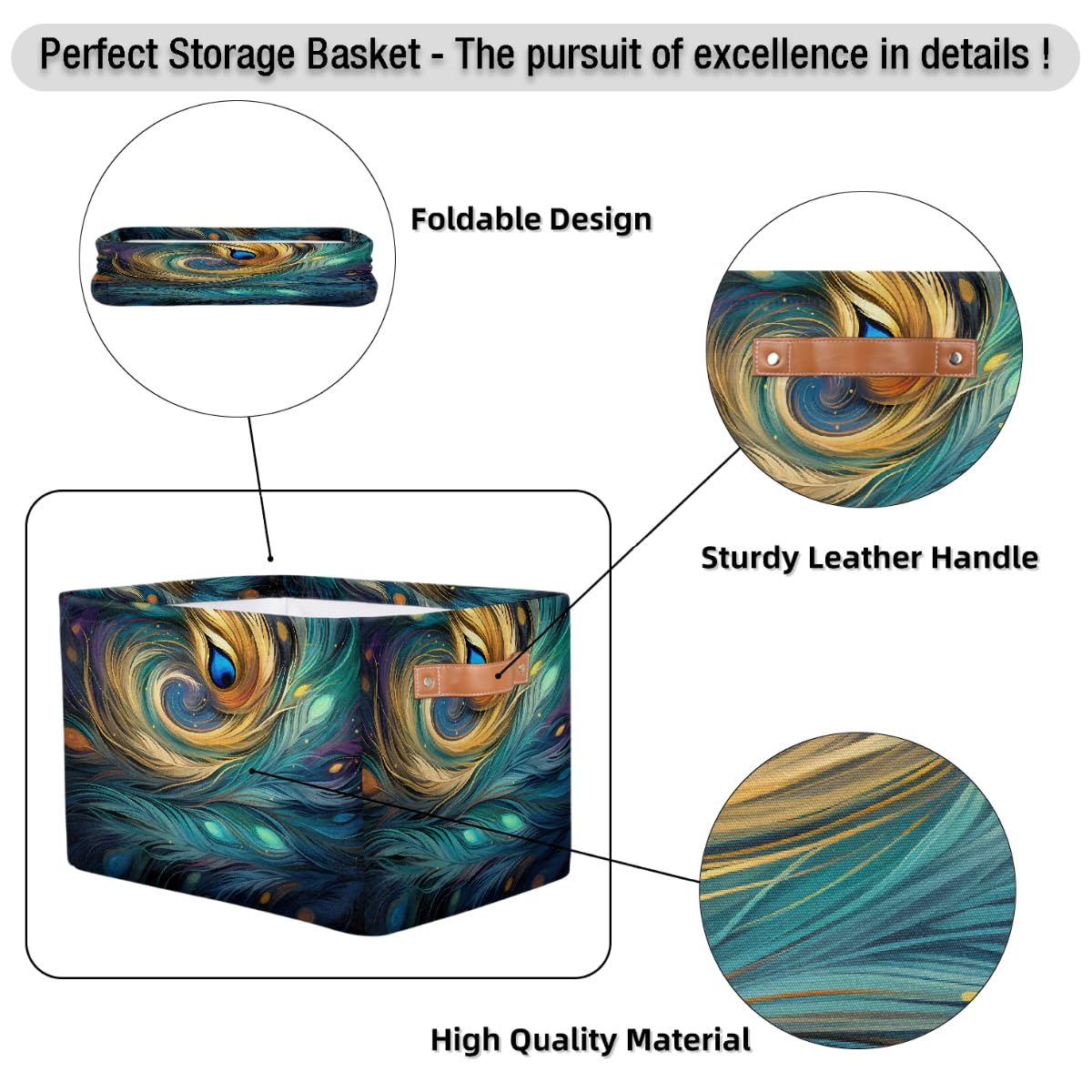 Mexpekil Cesta de almacenamiento abstracta de plumas de pavo real con diseño de galaxia, caja de almacenamiento de juguetes para niños, plegable, organizador de tela para estantes, cesta de regalo