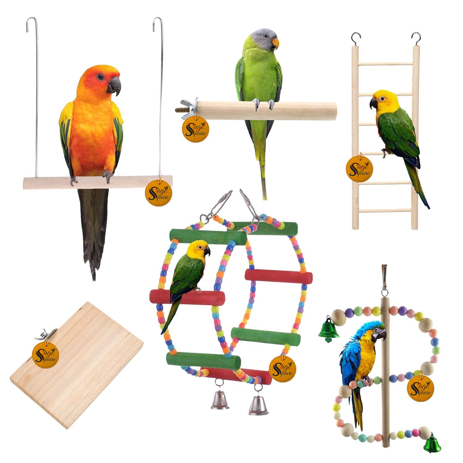 Sage Square Wooden Bird Toys Combo | Ladder, Wheel, Platform, Perch, Swing Cage Accessory | for Budgie, Parrot, Cockatiel, Parakeet, Conure, Macaw etc (B092PZTRHK) Amazon Price History, Amazon Price Tracker