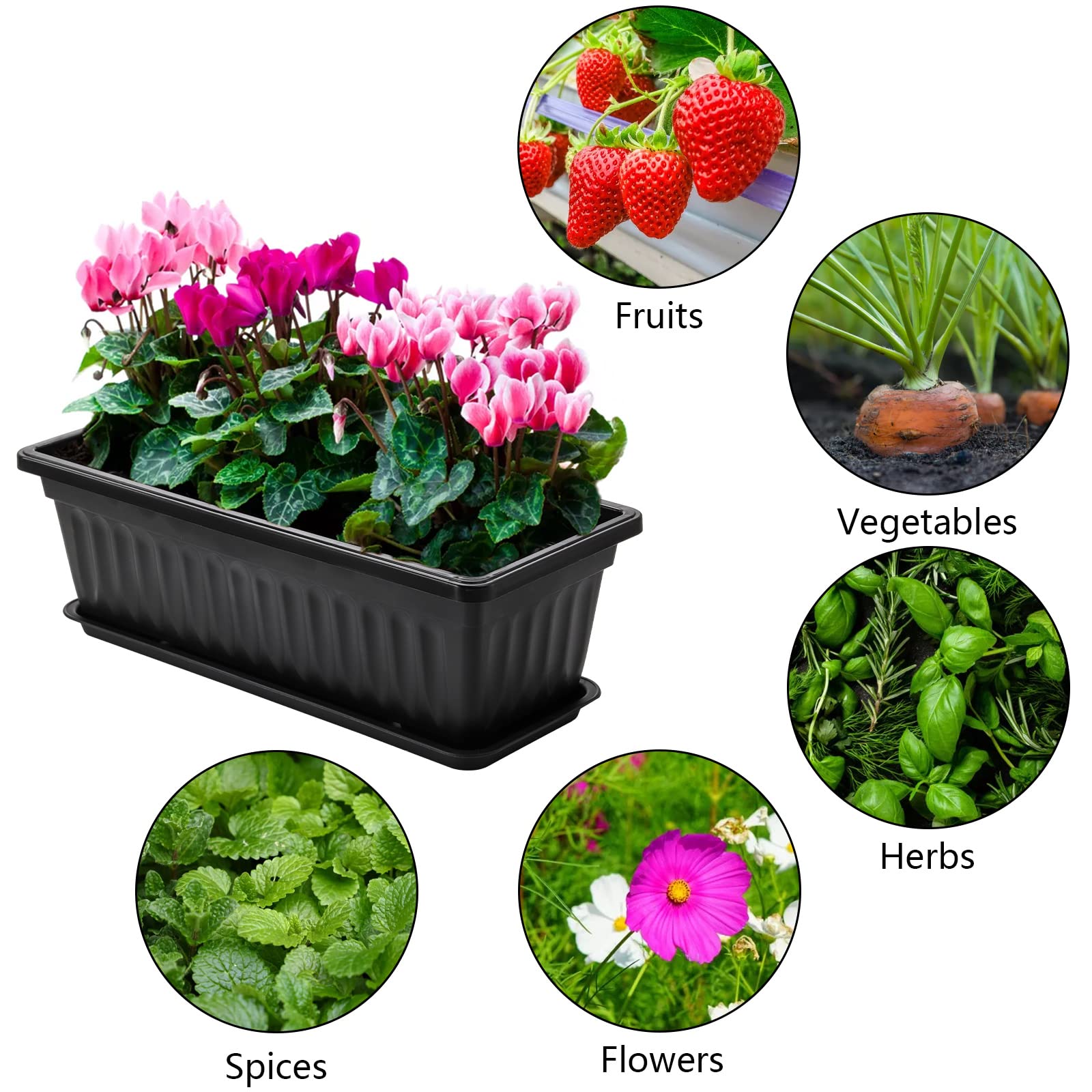 Fasmov 5 Stück 43,2 cm Blumenfenster Box Kunststoff Gemüse Pflanzgefäße mit Tabletts Gemüse Anzuchtbehälter Garten Blumentopf mit 5 Stück Pflanzenetiketten für Balkon, Terrasse, Garten, Schwarz