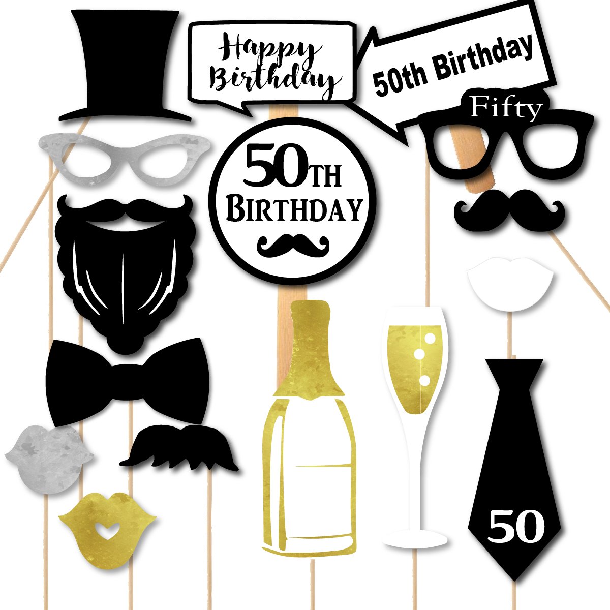 PaperGala 50th Birthday Men Fiftieth Birthday Party Fifty Photobooth Props Photo Booth Kit Set of Gold Silver Collection with Foil Pieces