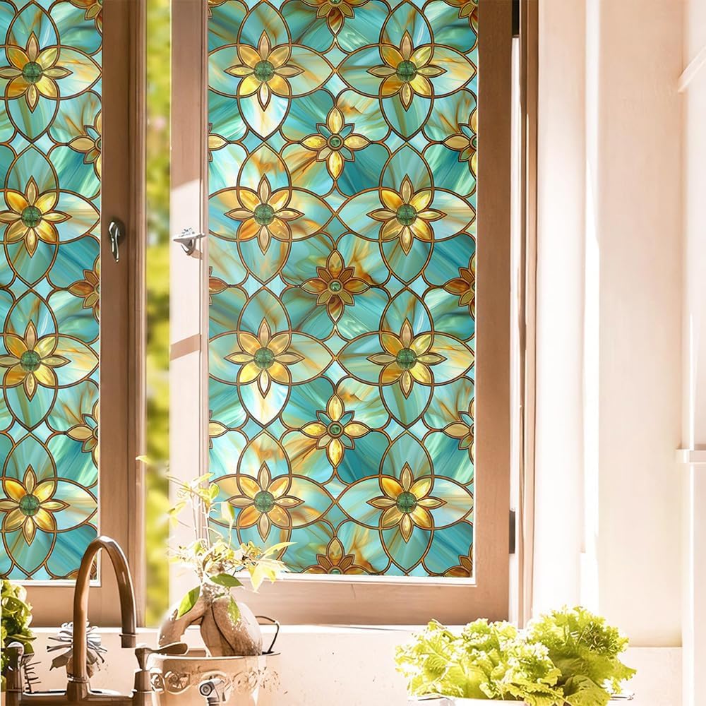 16“x118 Vintage Mosaic Geometric Double Side Window Films Art Decorative Window Privacy Tinting Film Self-Adhesive Static Glass Window Clings Stickers for Living Room Bathroom Glass Windows Decor