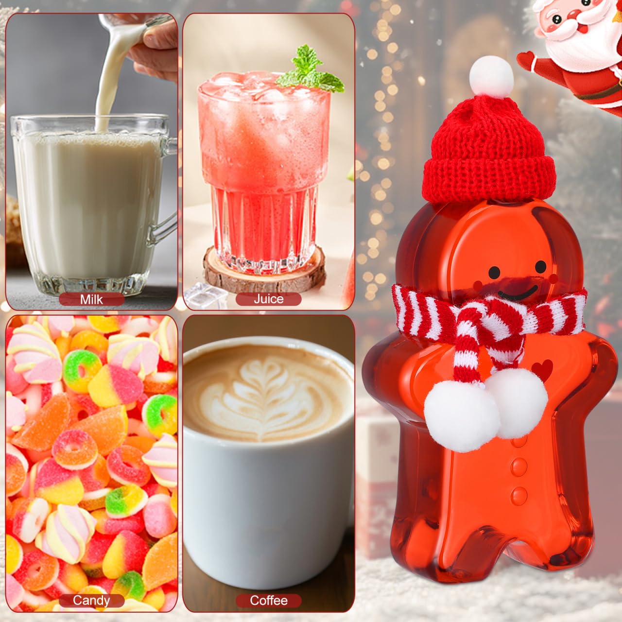 ARTIBETTER 25 juegos de recipientes de hombre de jengibre con tapa, recipientes de jugo, botellas de agua de plástico para niños, botella de Navidad, sombrero y bufanda, tarros de pan de jengibre de