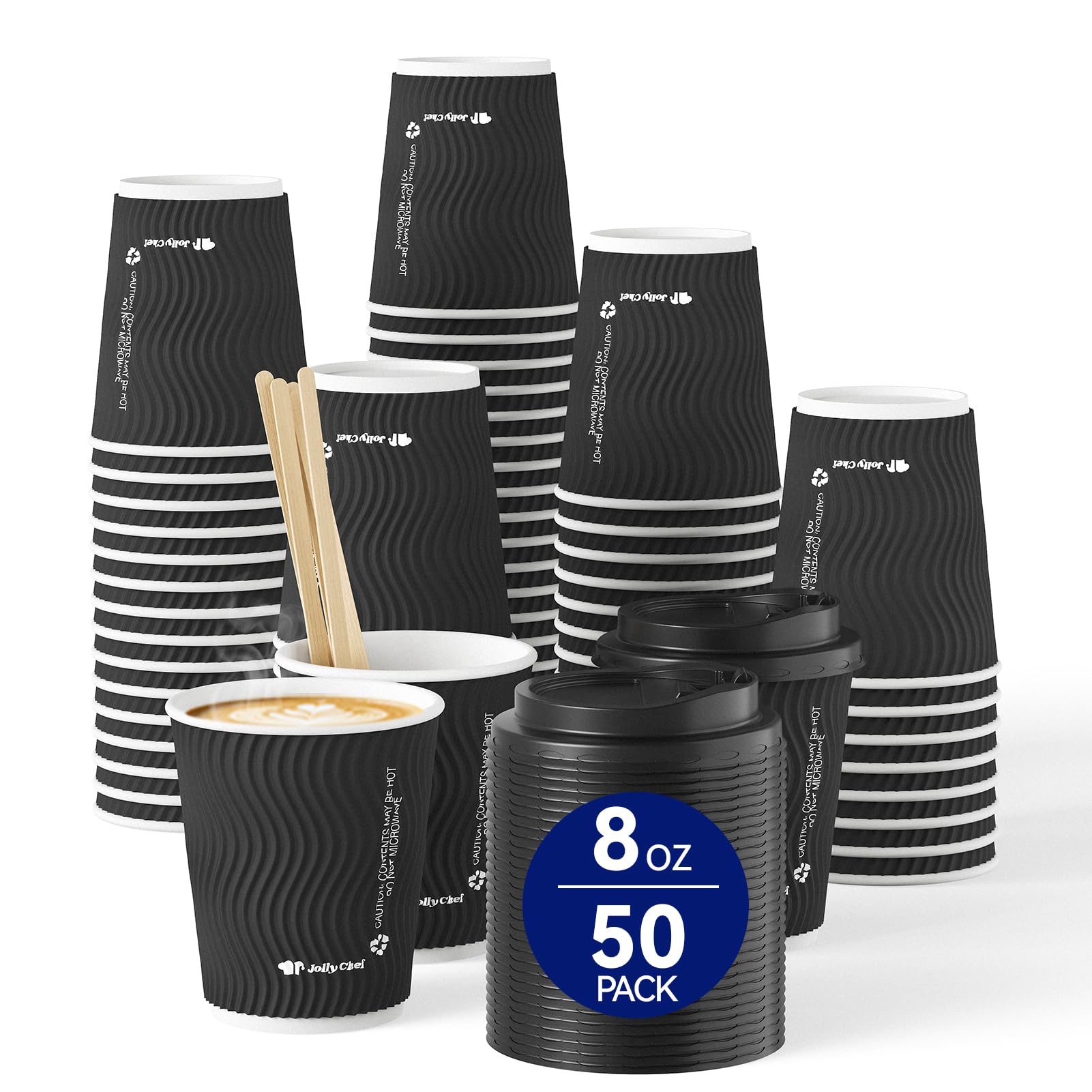 JOLLY CHEF 8oz Ripple Paper Coffee Cups with Lids & Stirrers 50 Pack