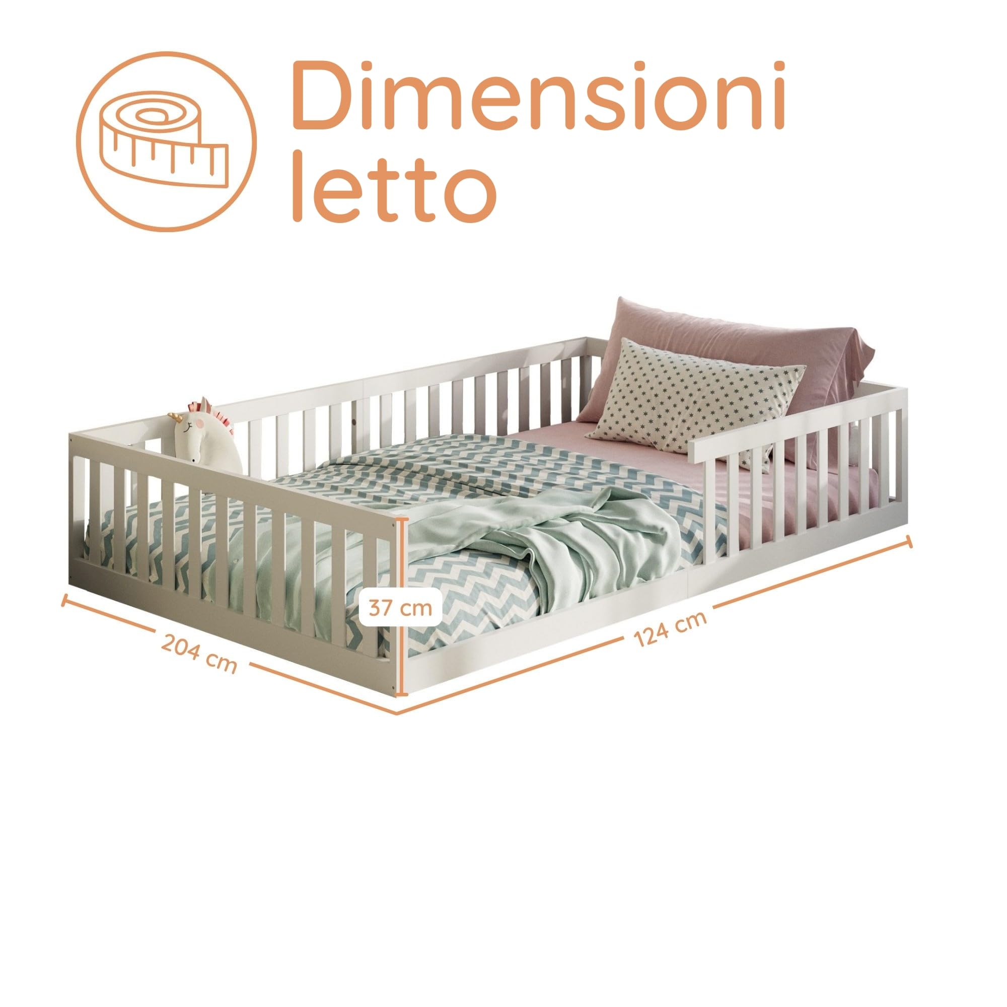 Kids Collective Letto per bambini Letto da terra 120x200 cm con protezione anticaduta e rete a doghe Letto Montessori Letto per bambini Bianco Altre misure 90x200 cm 140x200 cm